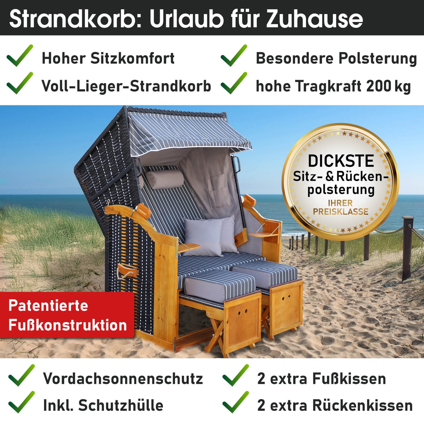 Strandkorb RÜGEN DELUXE Nadelstreifen anthrazit/weiß, wetterfest, 2-Sitzer für Balkon, Ostsee und Nordsee.