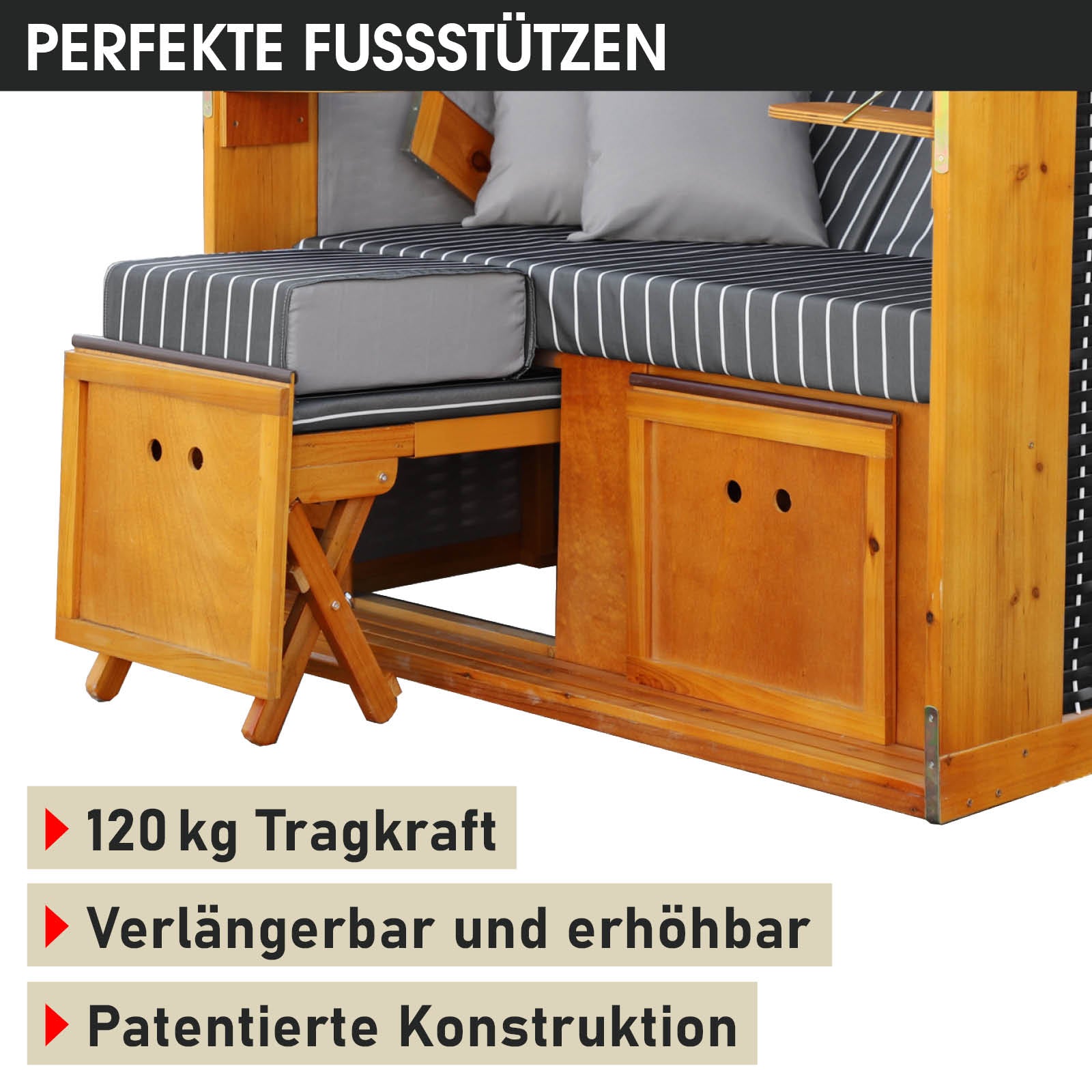 Strandkorb Rügen Deluxe mit anthrazit-weißem Nadelstreifen, wetterfest, 2-Sitzer, mit Fußstützen, ideal für Ostsee, Balkon.