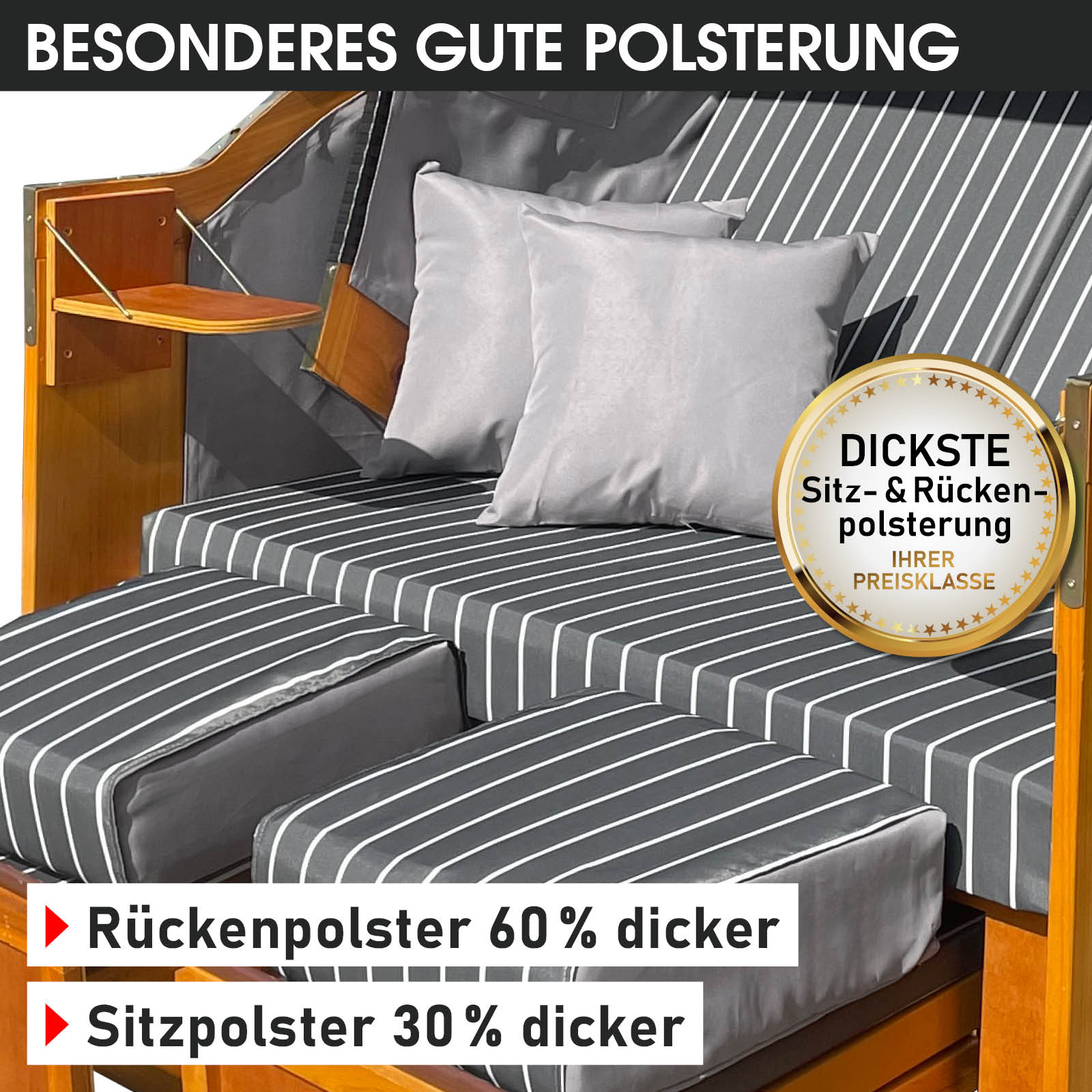 Strandkorb RÜGEN DELUXE mit anthrazit-weißem Nadelstreifen, dicke Polsterung, wetterfest, ideal für Balkon, Ostsee und.