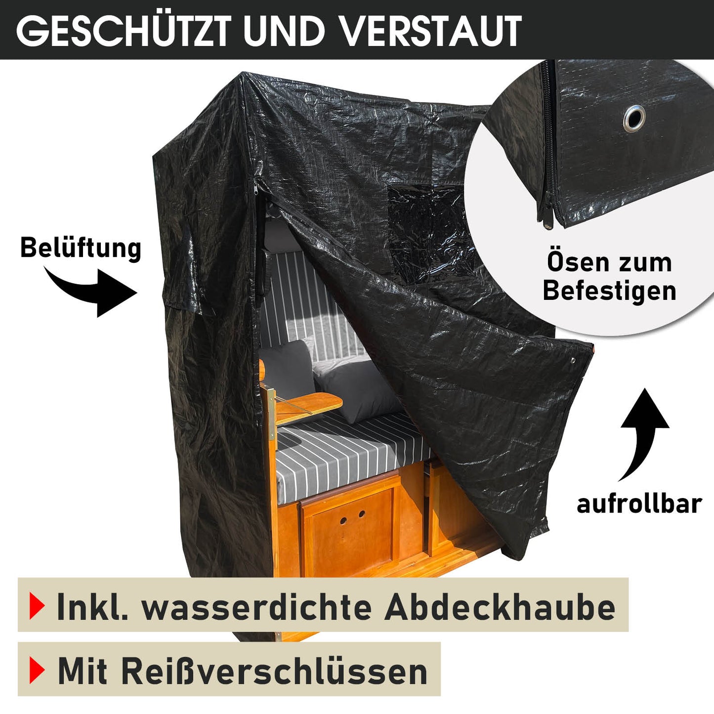 Wetterfeste wasserfeste Abdeckhaube für Strandkorb Ostsee mit Belüftung und Ösen zum Befestigen.
