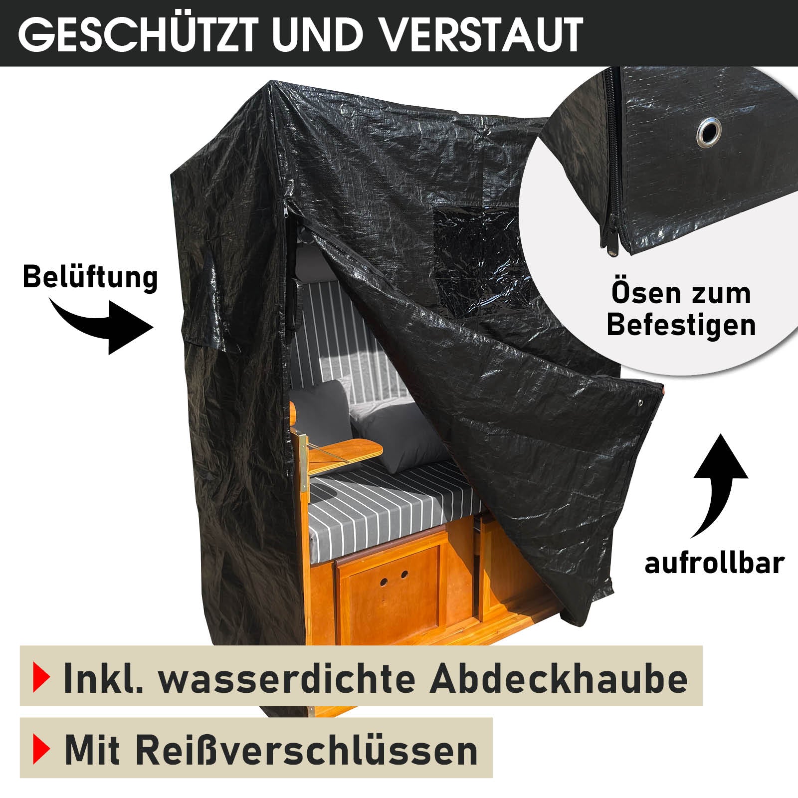 Wetterfeste wasserfeste Abdeckhaube für Strandkorb Ostsee mit Belüftung und Ösen zum Befestigen.