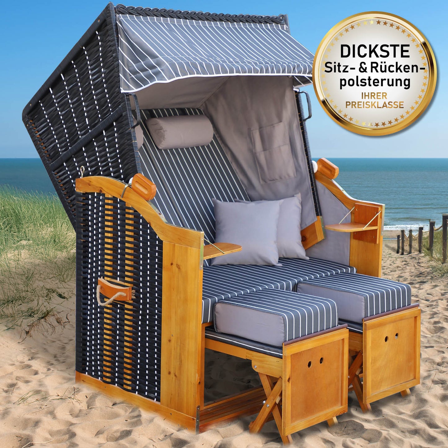 Strandkorb RÜGEN DELUXE mit wetterfester Nadelstreifenbespannung in Anthrazit/Weiß, 2-Sitzer für Balkon, Nordsee und Ostsee, .