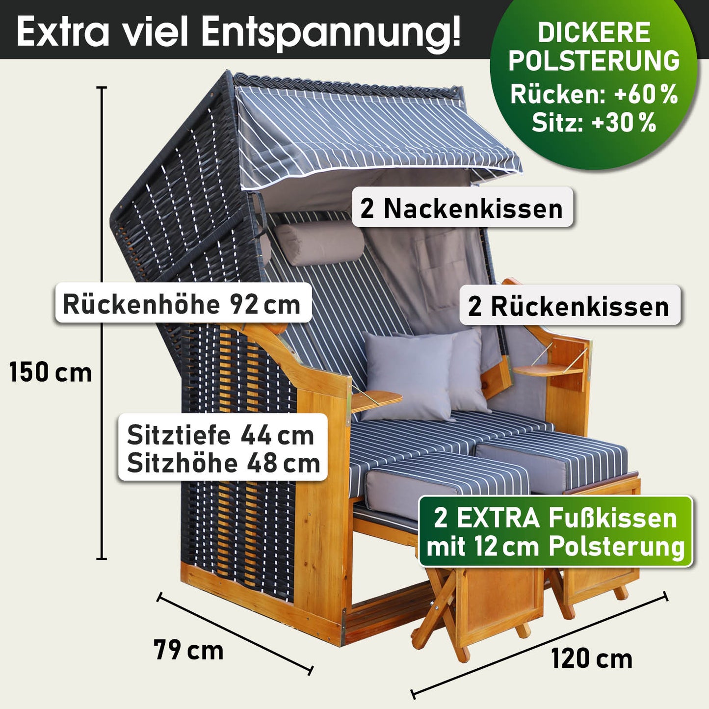 Strandkorb RÜGEN DELUXE Nadelstreifen Anthrazit/Weiß mit wetterfester Polsterung, perfekt für Balkon oder Ostseeufer.