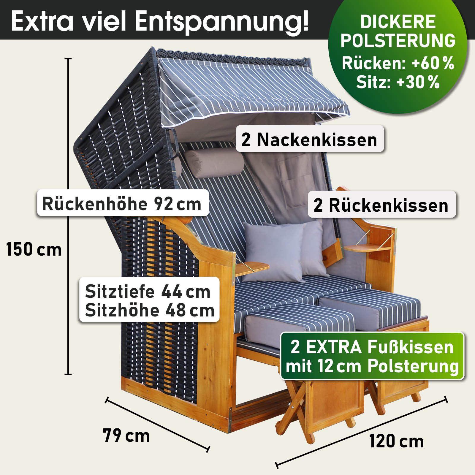 Strandkorb RÜGEN DELUXE Nadelstreifen Anthrazit/Weiß mit wetterfester Polsterung, perfekt für Balkon oder Ostseeufer.