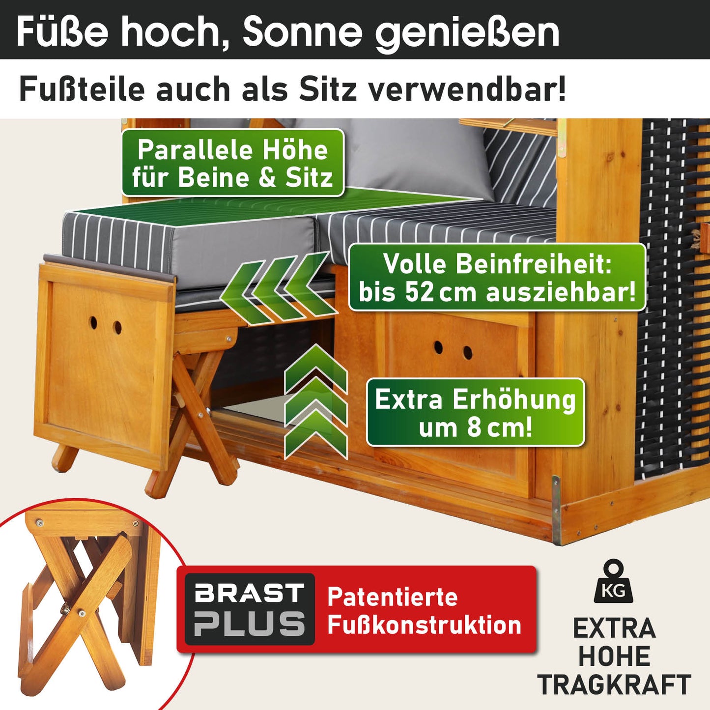 Wetterfester Strandkorb Rügen Deluxe mit anthrazit-weißem Nadelstreifen, Klappbare Fußteile als Sitz nutzbar, ideal für.