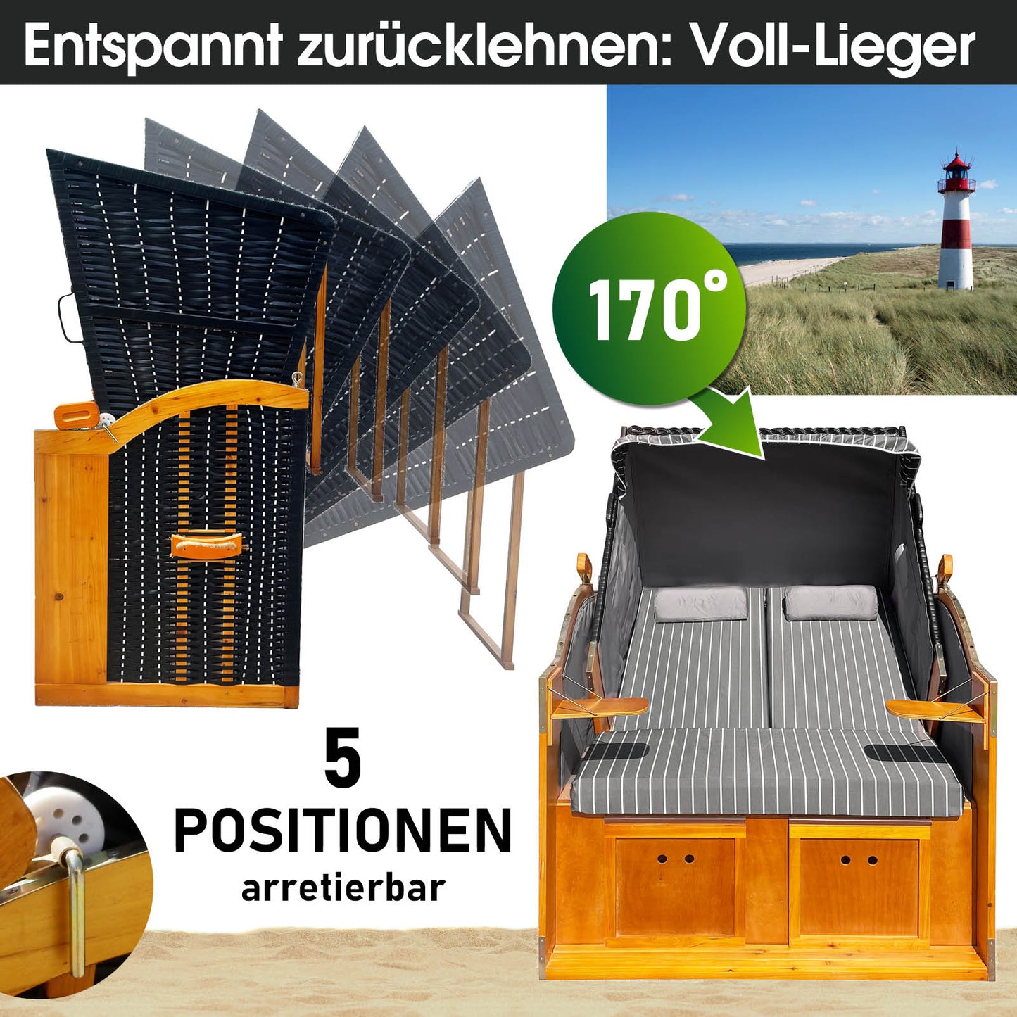 Wetterfester Strandkorb Rügen Deluxe in Anthrazit-Weiß mit Nadelstreifen, 5-fach verstellbar bis 170° Liegeposition, ideal.