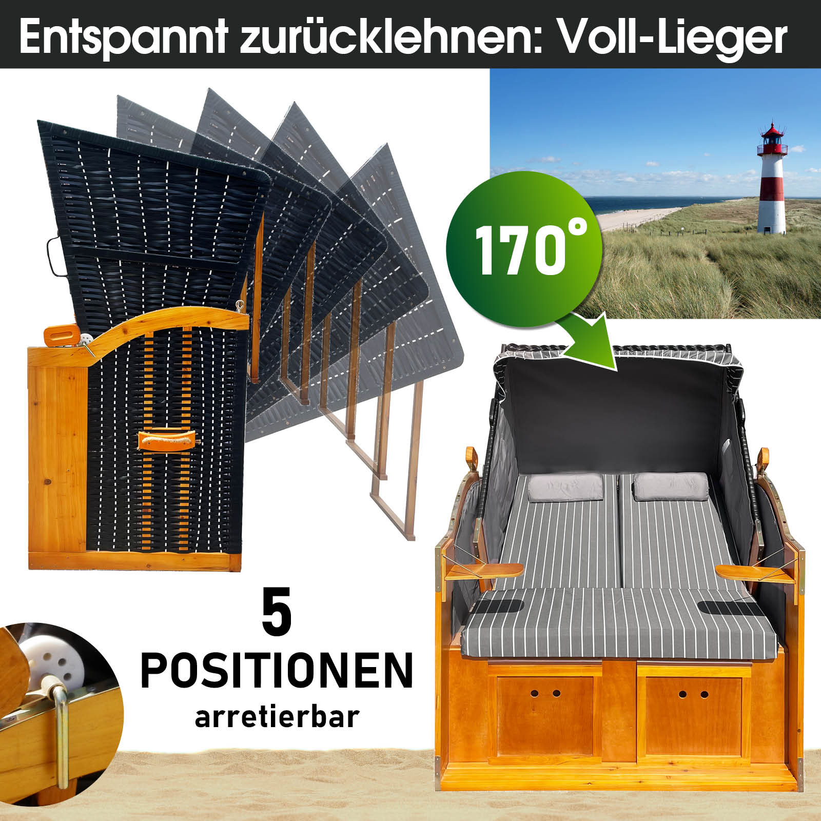 Wetterfester Strandkorb Rügen Deluxe in Anthrazit-Weiß mit Nadelstreifen, 5-fach verstellbar bis 170° Liegeposition, ideal.