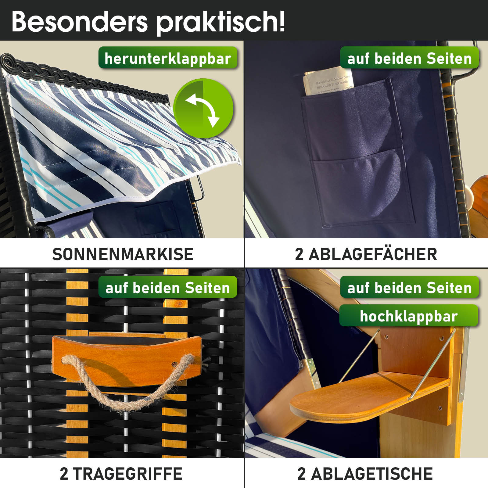 Blauer Strandkorb Ostsee mit hellblau-weiß gestreifter Markise, wetterfest, Balkon-Strandkorb mit klappbaren Ablagetischen.
