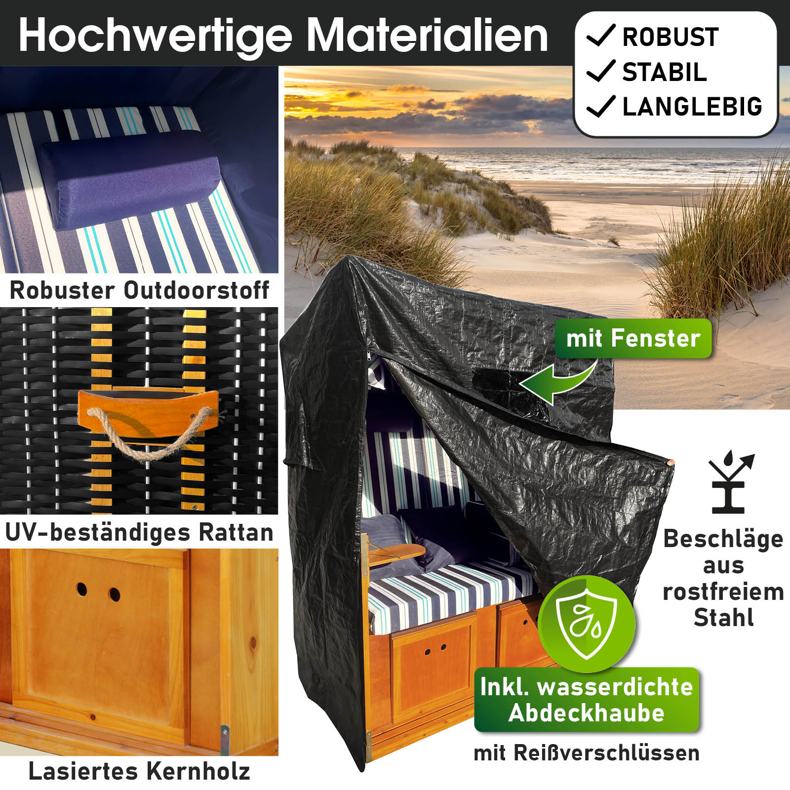 Wetterfester Strandkorb Ostsee aus robustem Outdoorstoff und UV-beständigem Rattan mit lasiertem Kernholz, inkl.