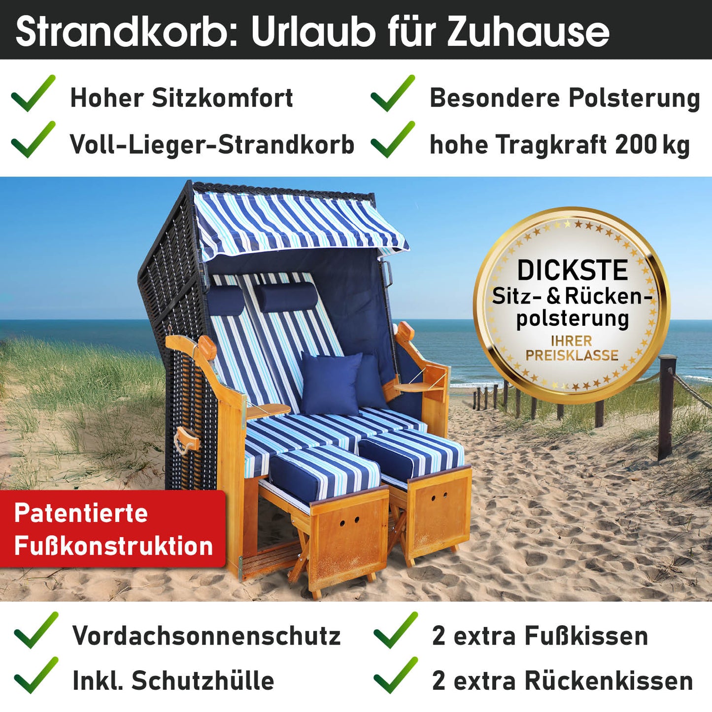 Blauer und hellblauer gestreifter Strandkorb Rügen Deluxe mit wetterfestem Material, Fußkonstruktion und Polsterung ideal.