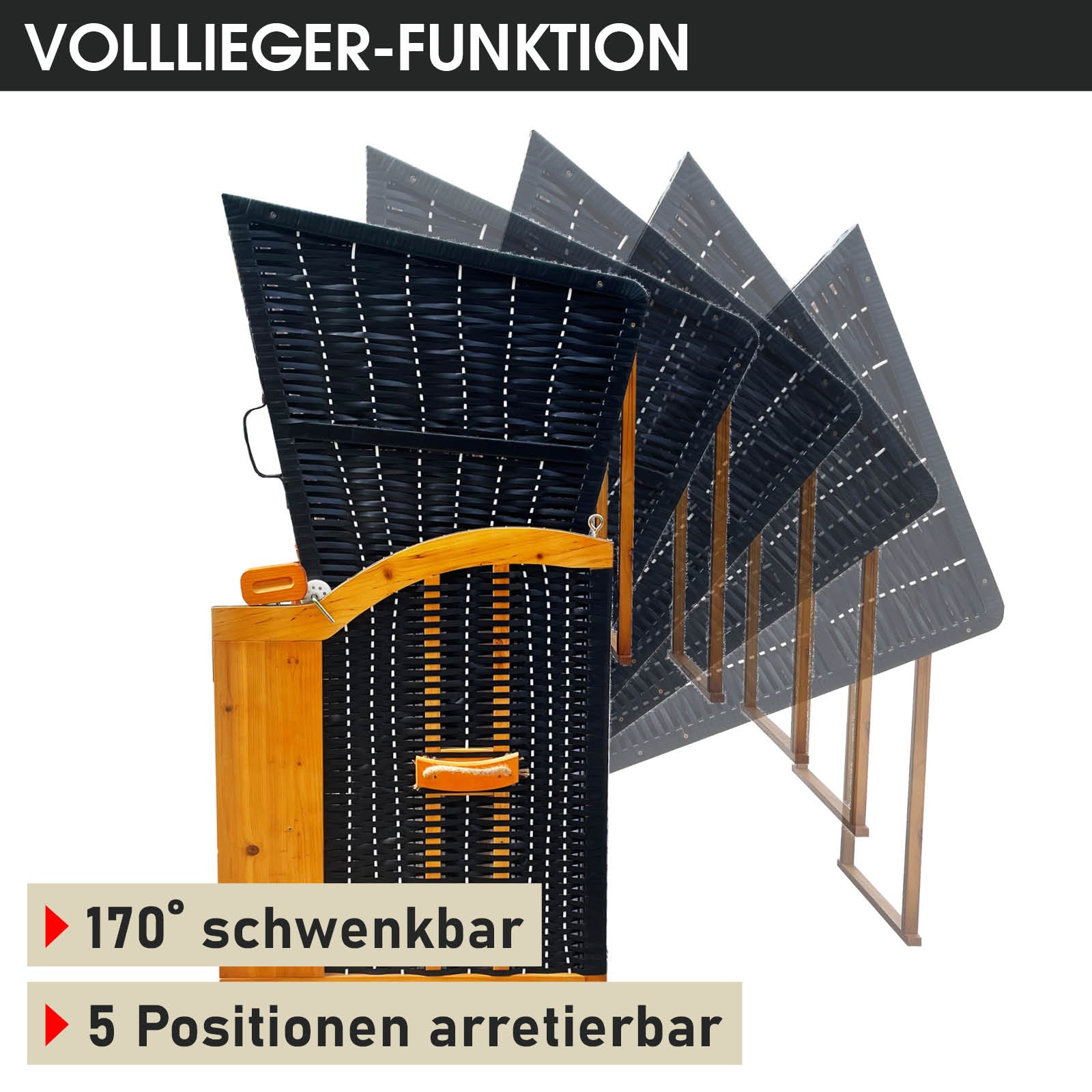 Blauer Strandkorb mit hellblau-weiß gestreiftem Verdeck, wetterfester Strandkorb Ostsee mit 5-fach arretierbarem, 170°.
