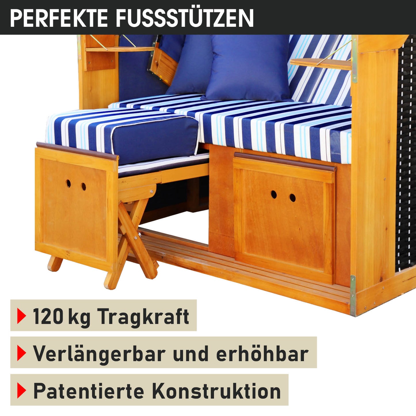 Wetterfester Strandkorb Ostsee mit blau-weiß gestreiftem Polster, Holzkorpus, verstellbare Fußstützen, ideal für Balkon und.