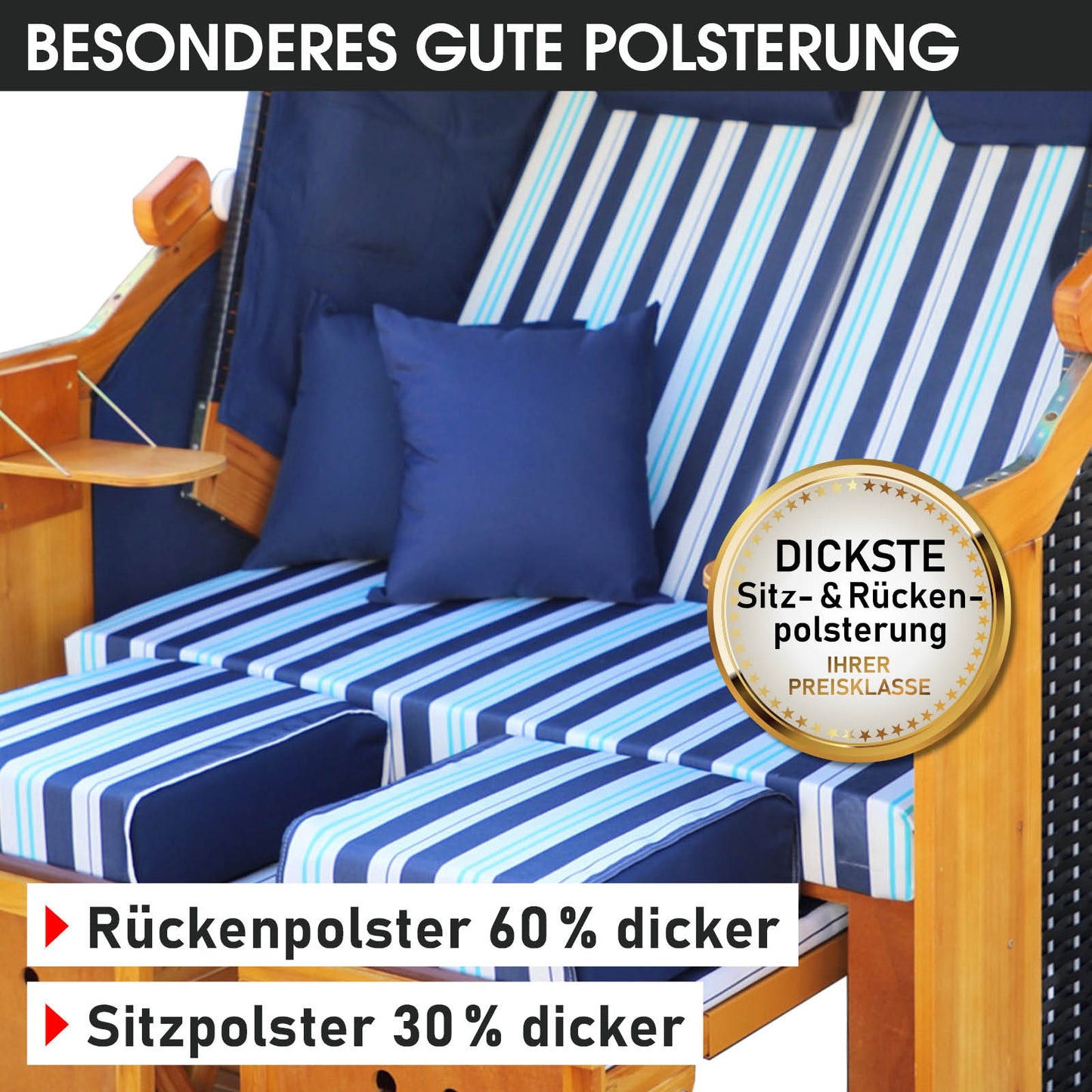 Blauer und weiß gestreifter Strandkorb Ostsee mit wetterfester Polsterung, Kissen und Fußstütze, ideal für Balkon und Nordsee.