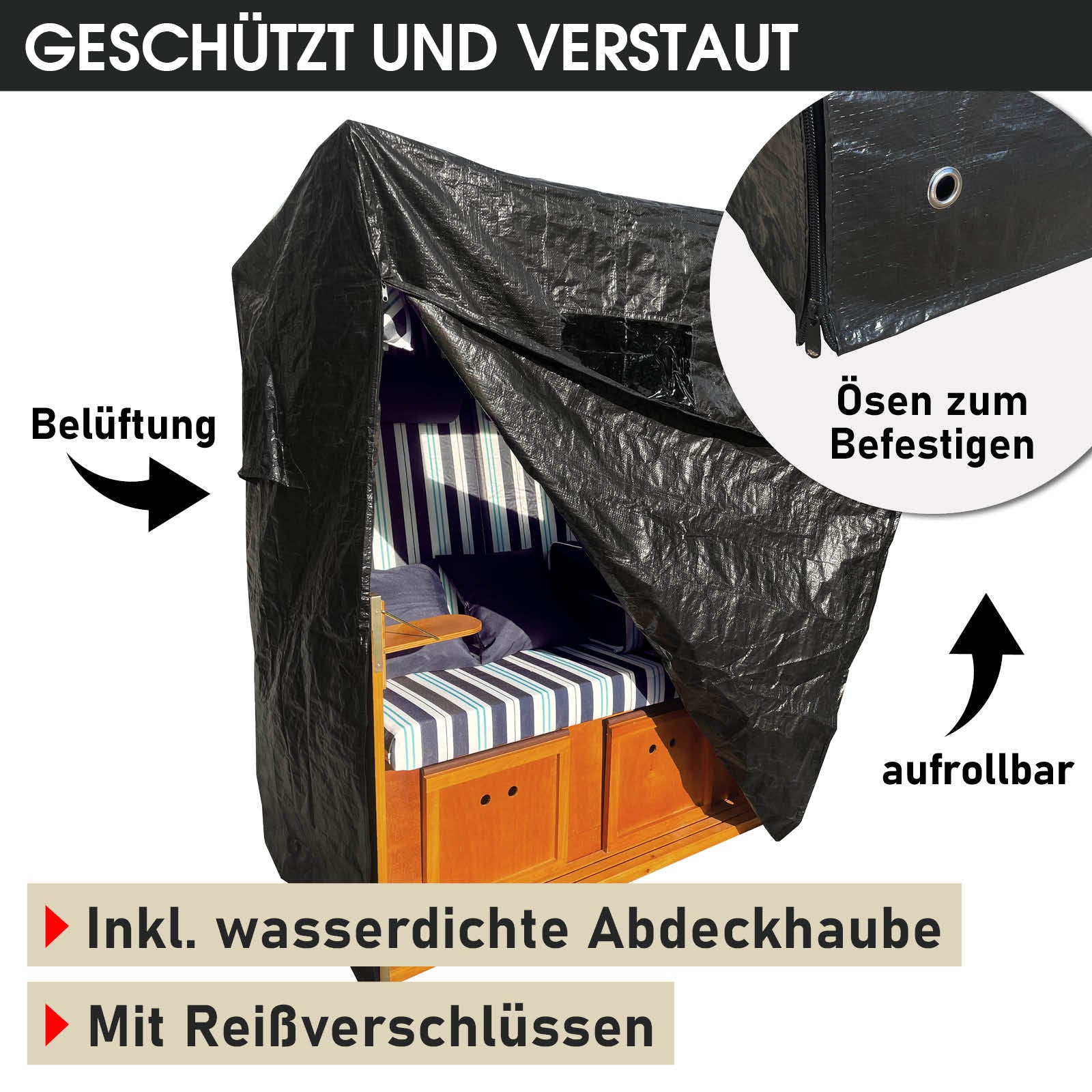 Strandkorb Ostsee blau/hellblau/weiß gestreift mit wetterfester, aufrollbarer Abdeckhaube und Reißverschluss, 2-Sitzer.