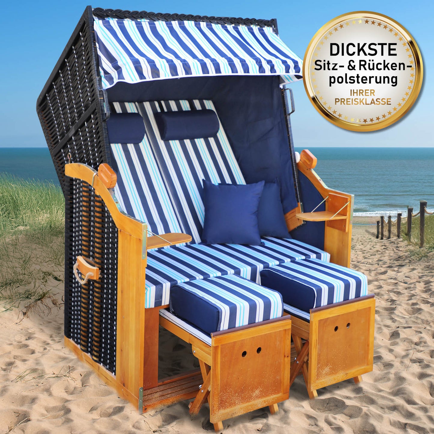 Blauer Strandkorb Ostsee mit hellblau-weiß gestreifter wetterfester Polsterung, 2 Sitzer für Balkon oder Nordsee.