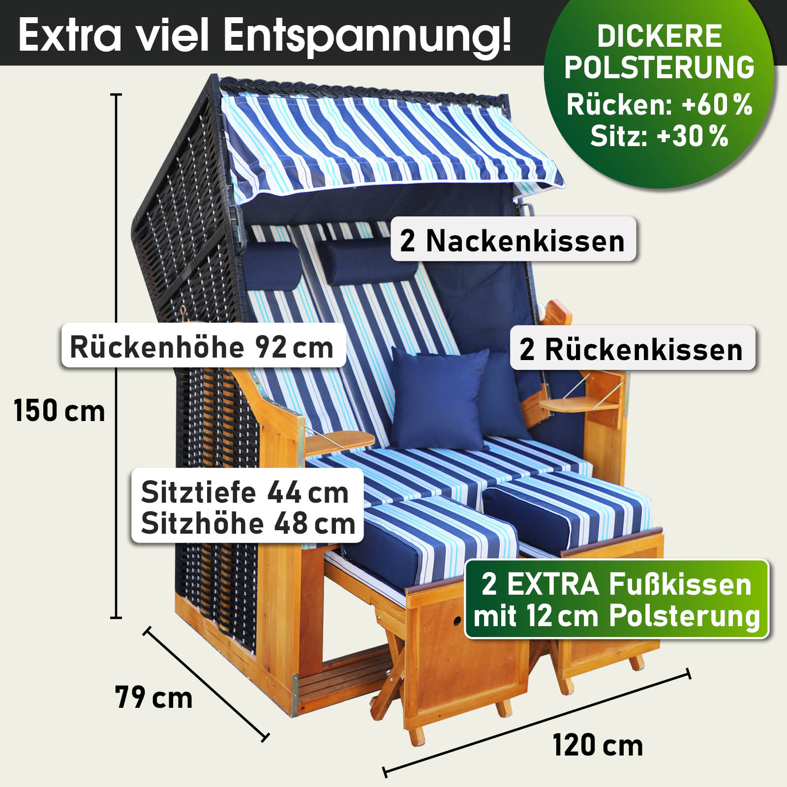 Wetterfester Strandkorb Rügen Deluxe blau/hellblau/weiß gestreift mit extra Polsterung, 2 Sitz- und Nackenkissen, ideal als.