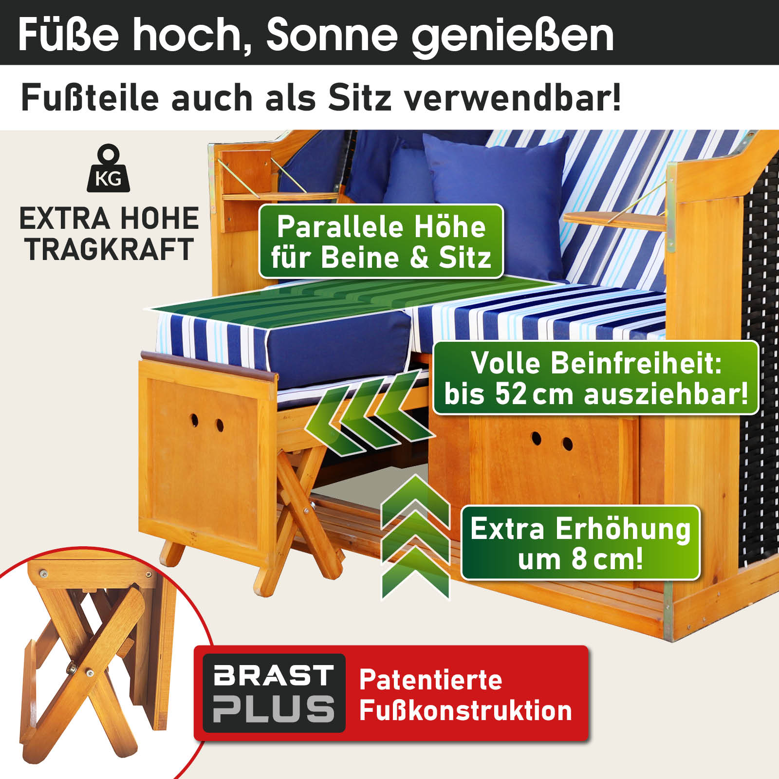 Blauer Strandkorb Rügen Deluxe mit hellblau-weiß gestreiftem Bezug, wetterfest, 2-Sitzer, Strandkorb Ostsee, Strandkorb.