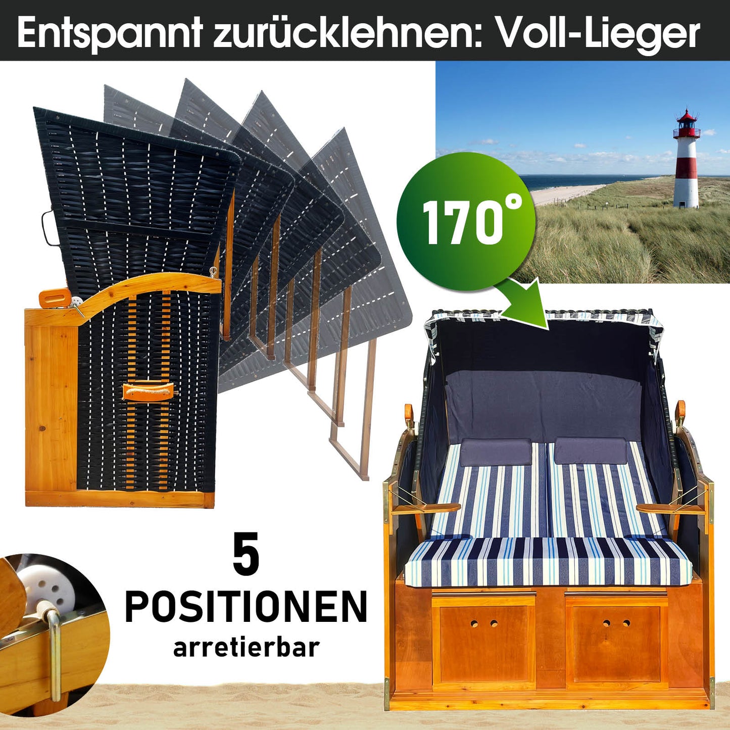 Blauer Strandkorb Ostsee mit hellblau-weiß gestreiftem Bezug, wetterfest und mit 5 verstellbaren Liegepositionen, ideal für.