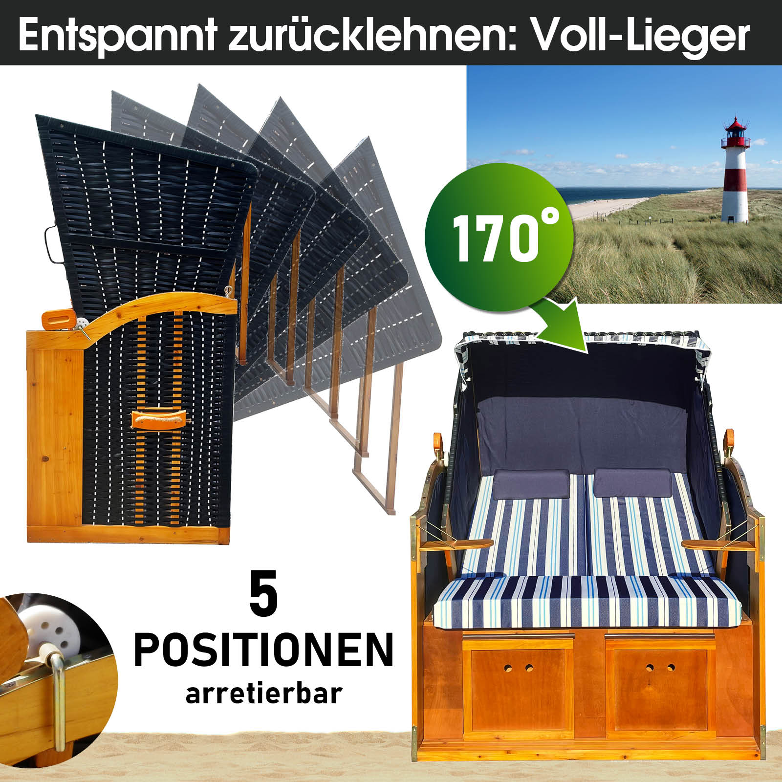 Blauer Strandkorb Ostsee mit hellblau-weiß gestreiftem Bezug, wetterfest und mit 5 verstellbaren Liegepositionen, ideal für.