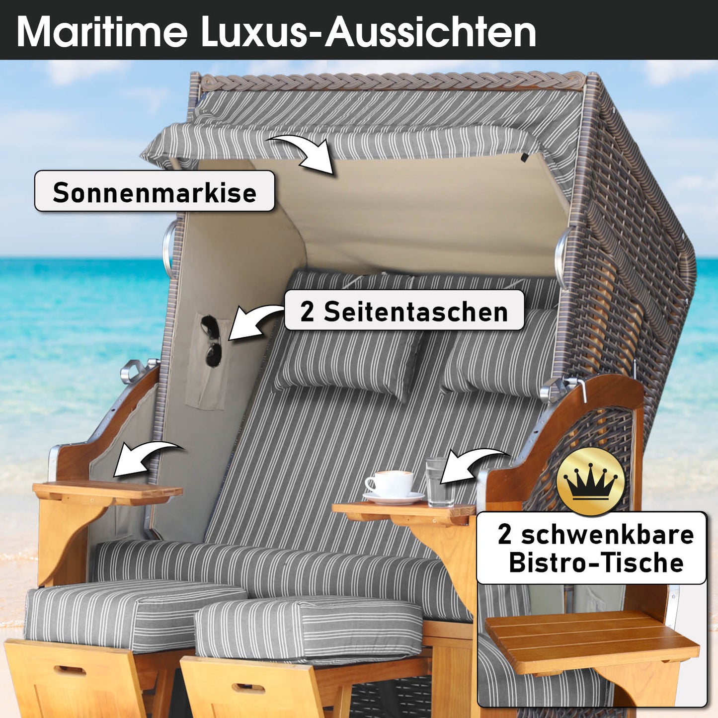Strandkorb BORNHOLM Premium anthrazit / weiß gestreift