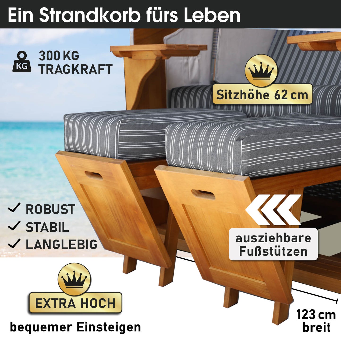 Strandkorb BORNHOLM Premium anthrazit / weiß gestreift