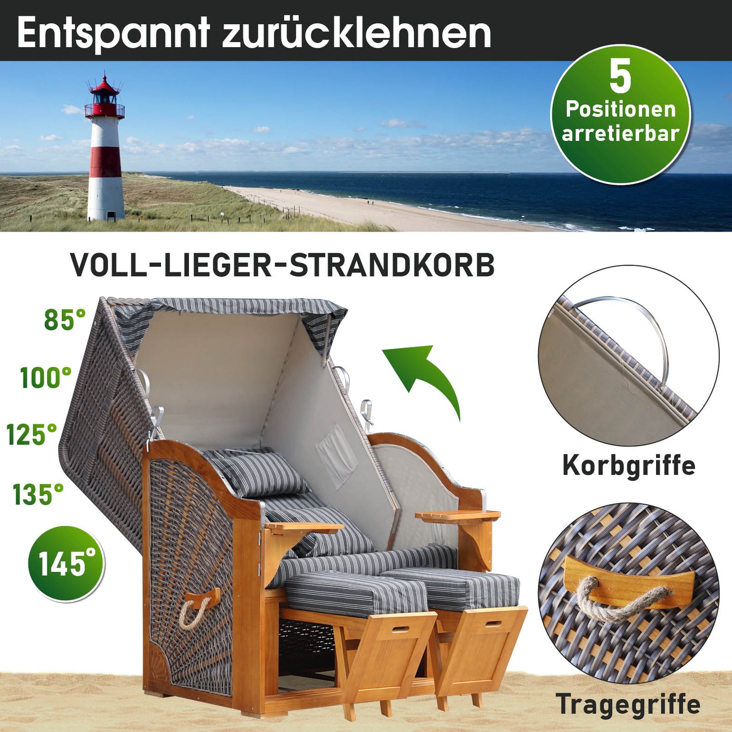Strandkorb BORNHOLM Premium anthrazit / weiß gestreift