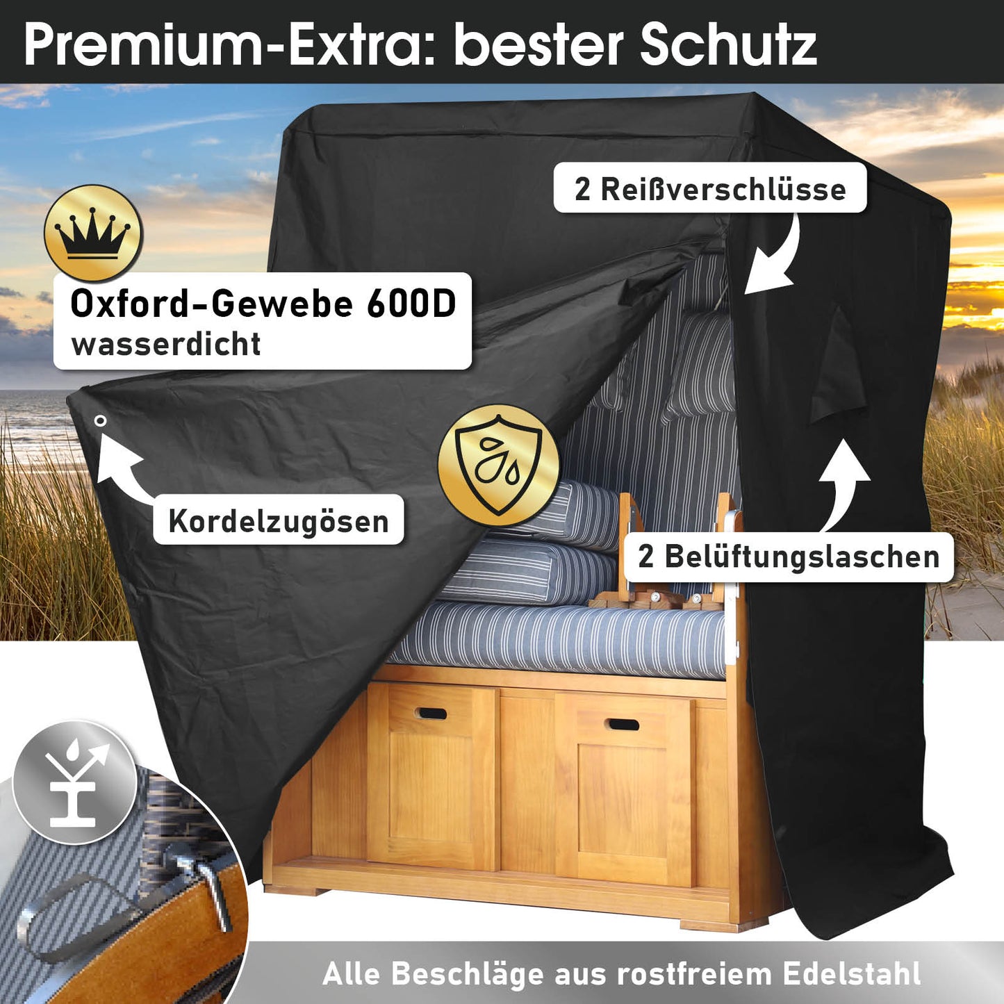 Strandkorb BORNHOLM Premium anthrazit / weiß gestreift
