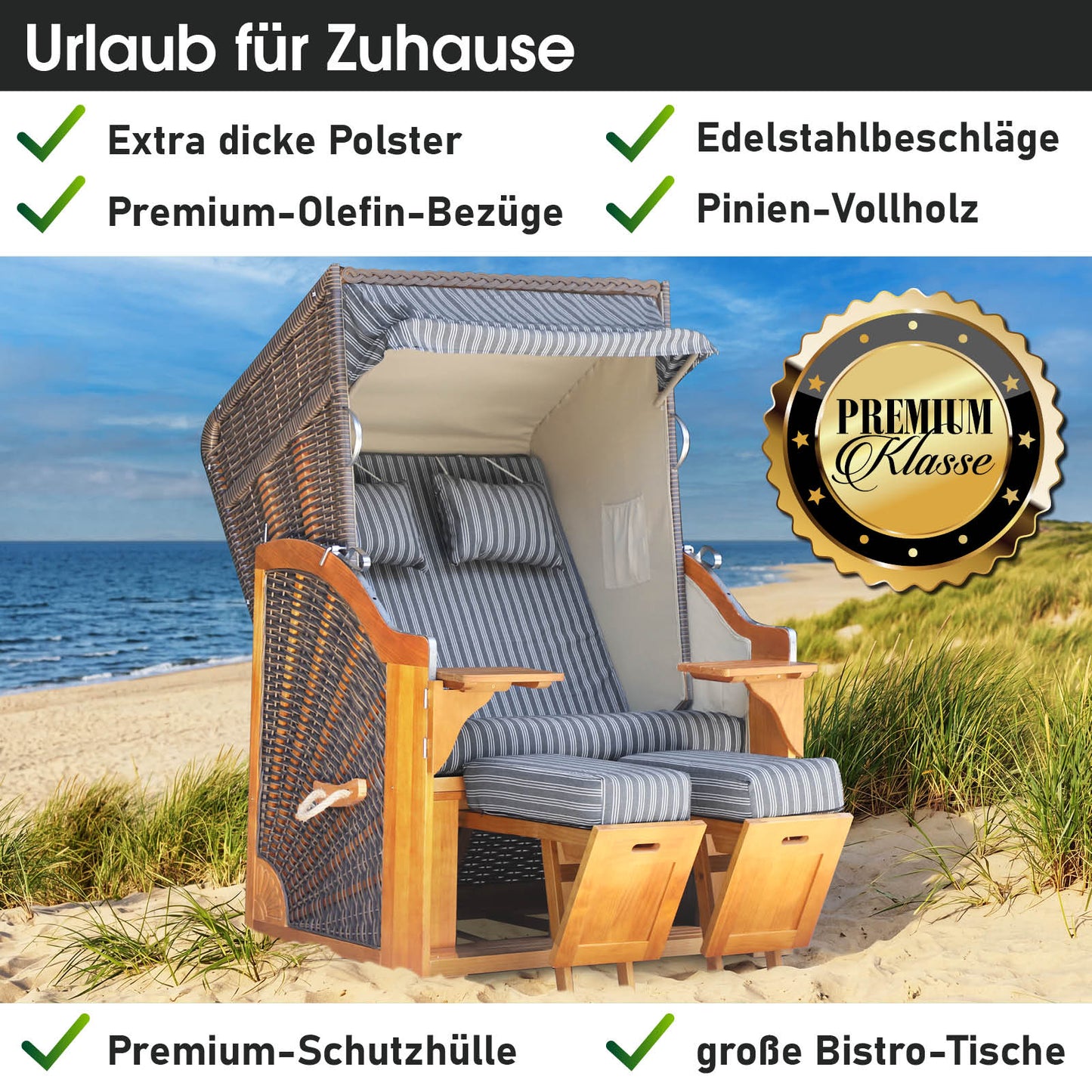 Strandkorb BORNHOLM Premium anthrazit / weiß gestreift