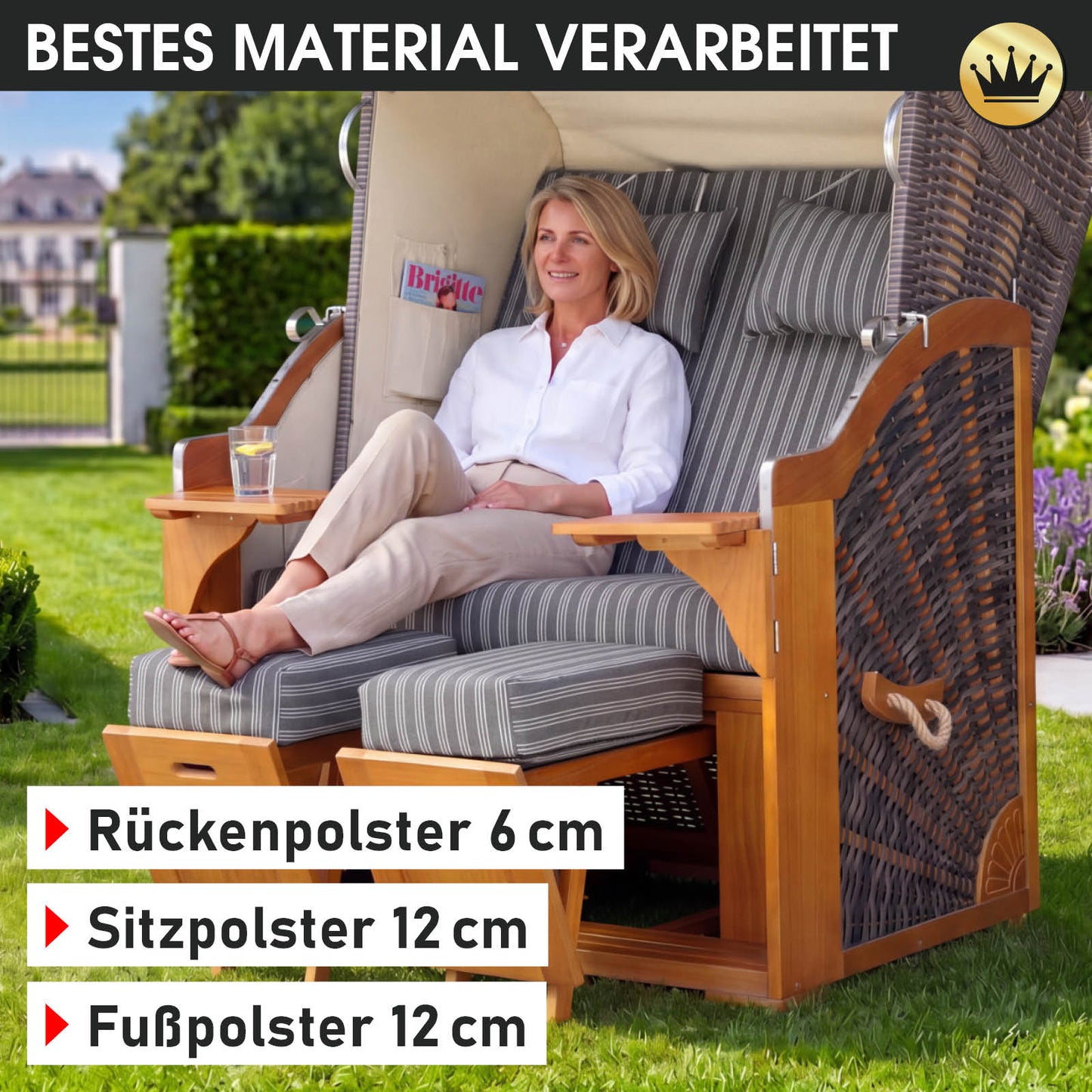 Strandkorb BORNHOLM Premium anthrazit / weiß gestreift