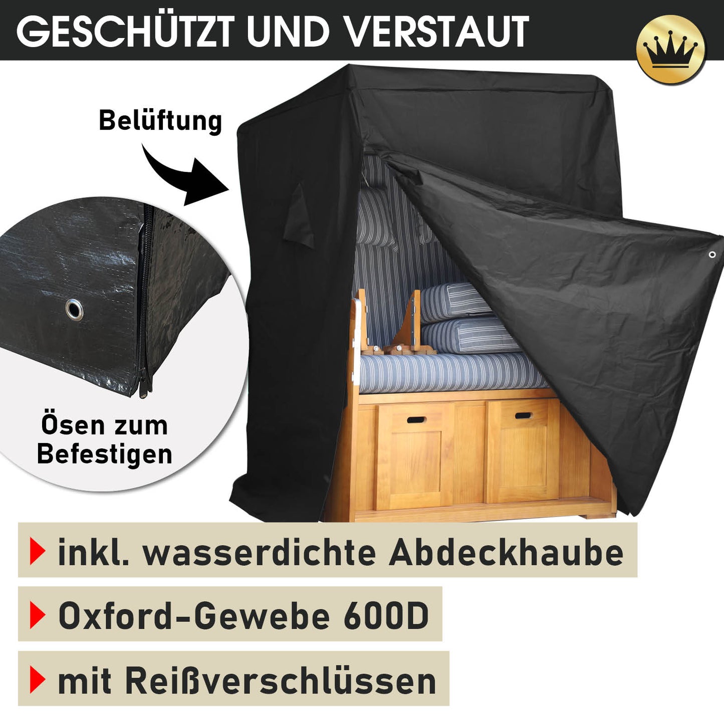 Strandkorb BORNHOLM Premium anthrazit / weiß gestreift