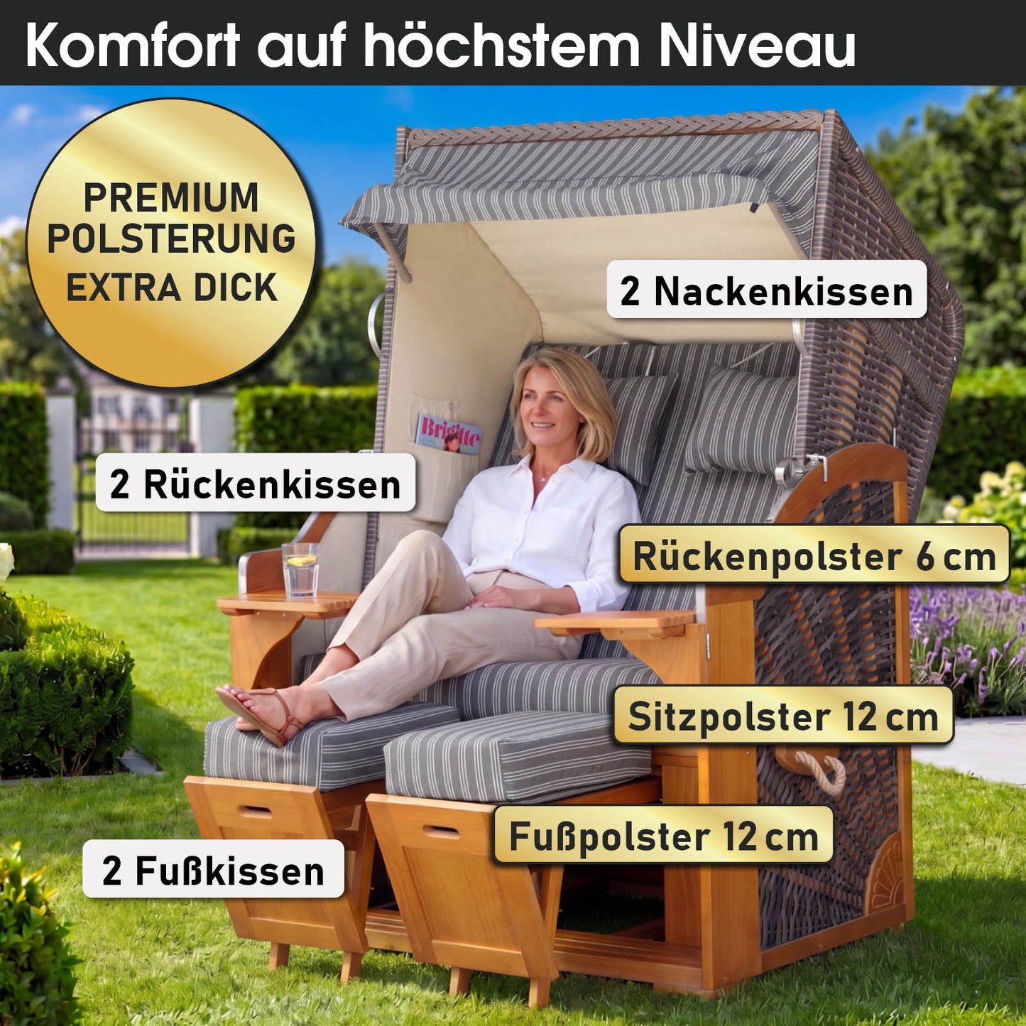 Strandkorb BORNHOLM Premium anthrazit / weiß gestreift