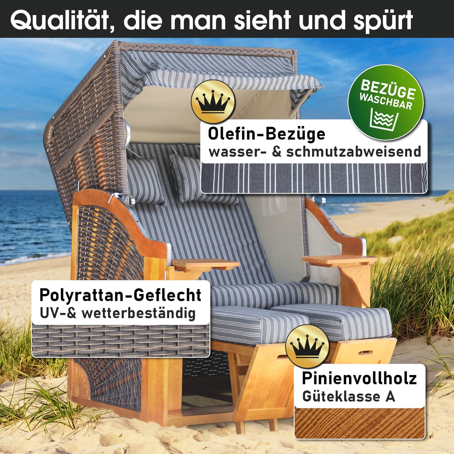 Strandkorb BORNHOLM Premium anthrazit / weiß gestreift