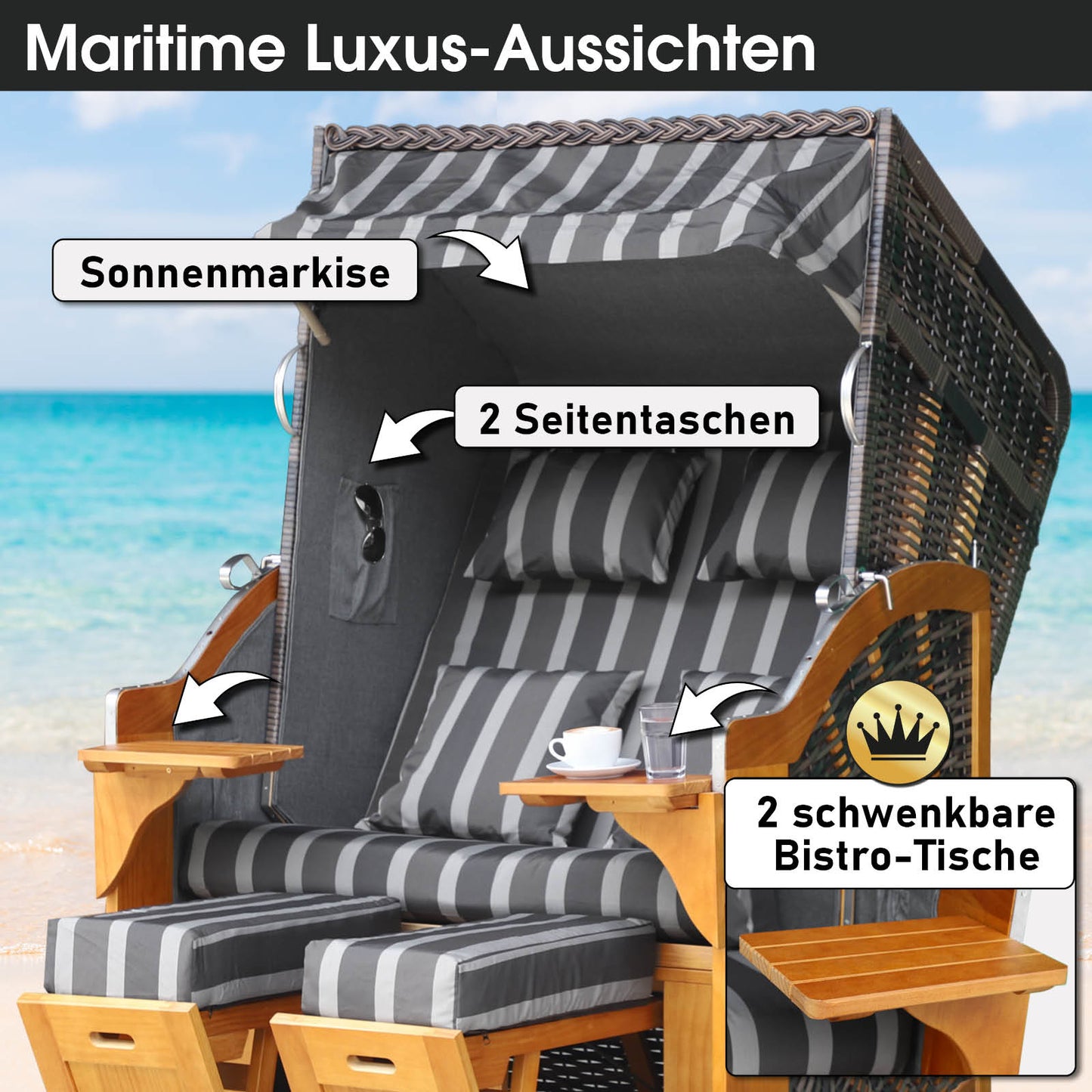 Strandkorb BORNHOLM Premium grau / anthrazit gestreift
