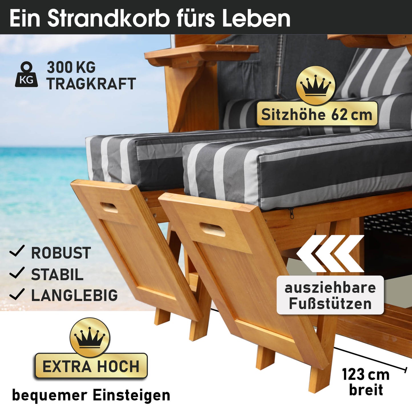 Strandkorb BORNHOLM Premium grau / anthrazit gestreift
