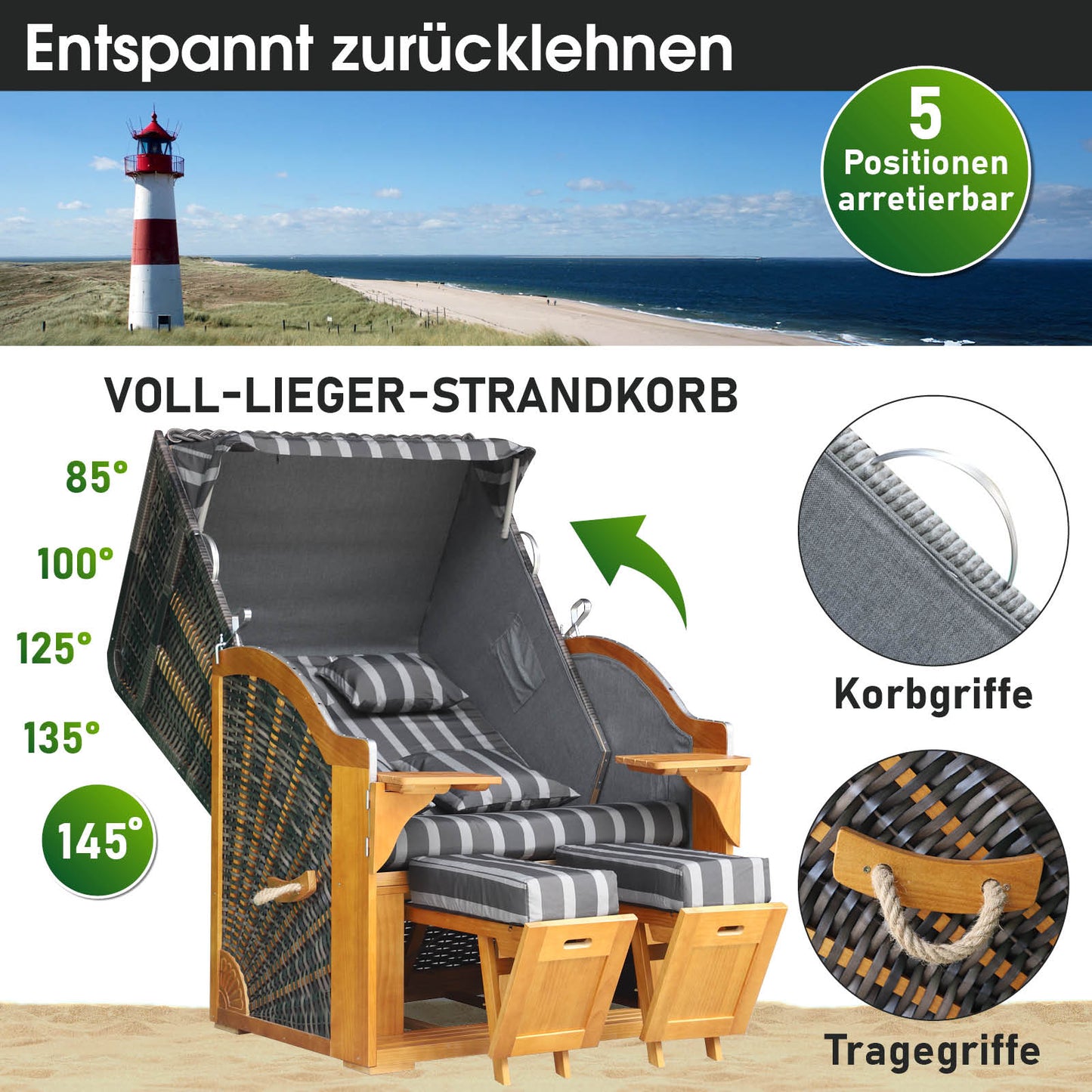 Strandkorb BORNHOLM Premium grau / anthrazit gestreift