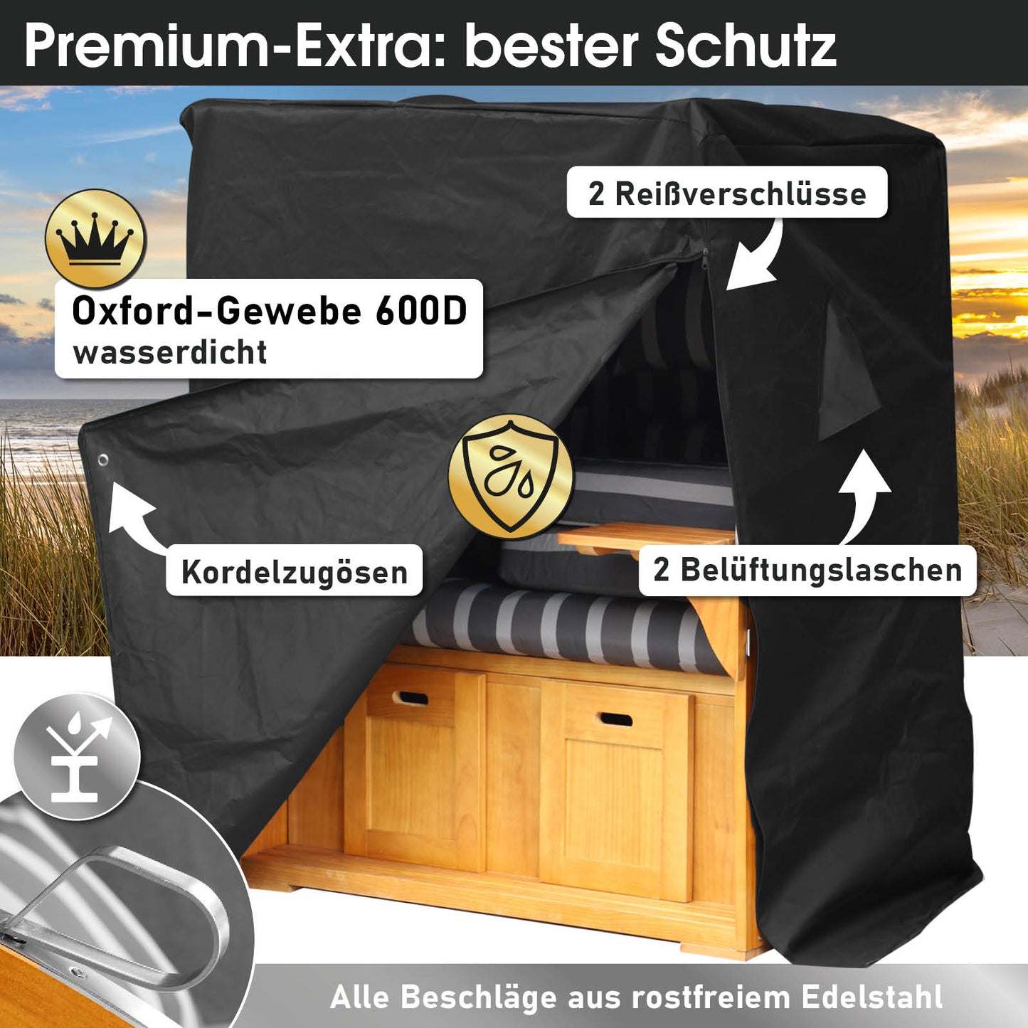 Strandkorb BORNHOLM Premium grau / anthrazit gestreift