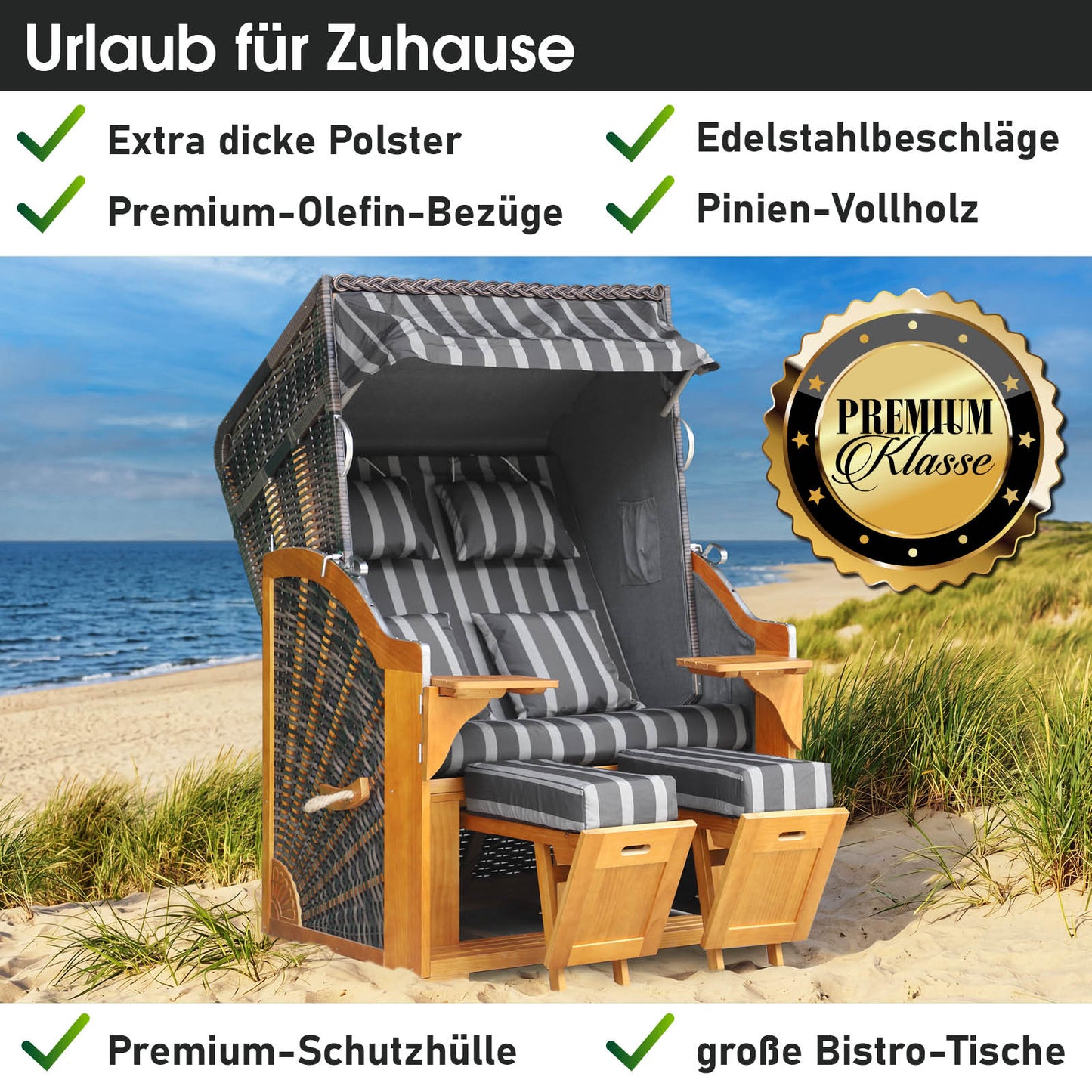 Strandkorb BORNHOLM Premium grau / anthrazit gestreift