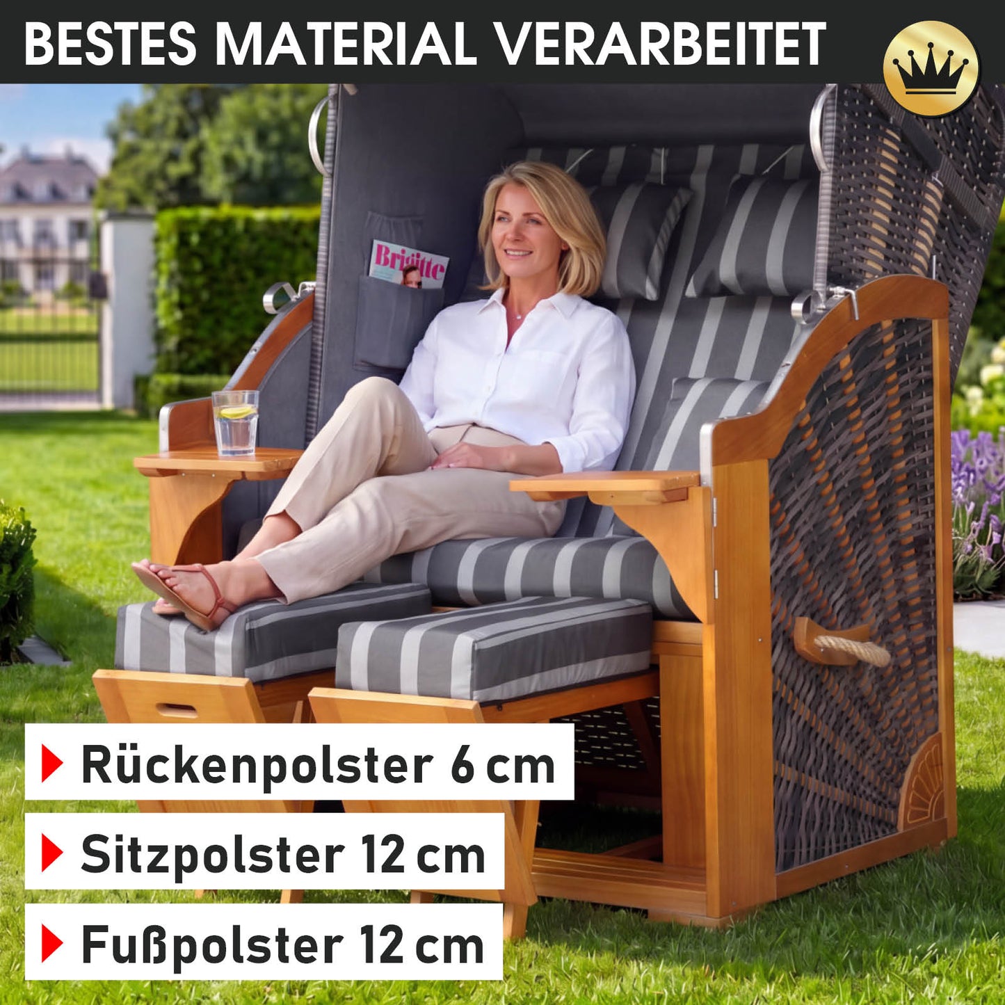 Strandkorb BORNHOLM Premium grau / anthrazit gestreift