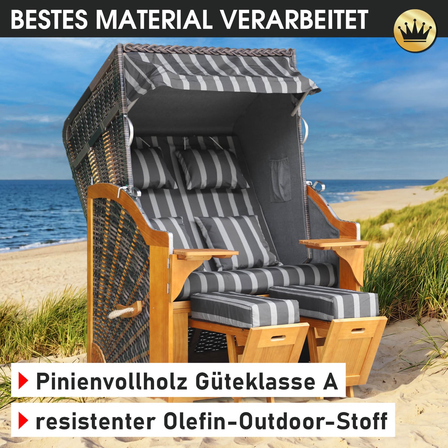 Strandkorb BORNHOLM Premium grau / anthrazit gestreift