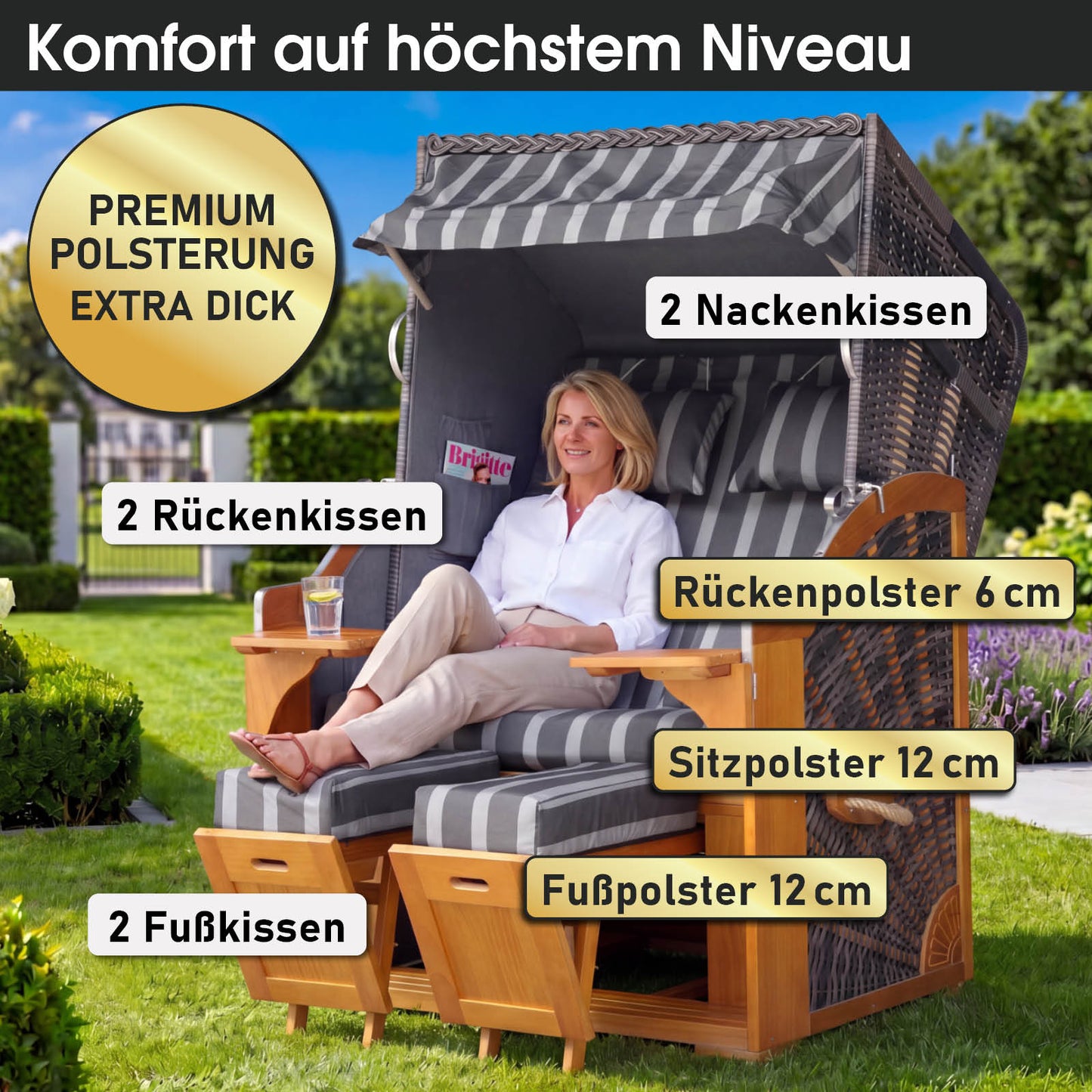 Strandkorb BORNHOLM Premium grau / anthrazit gestreift