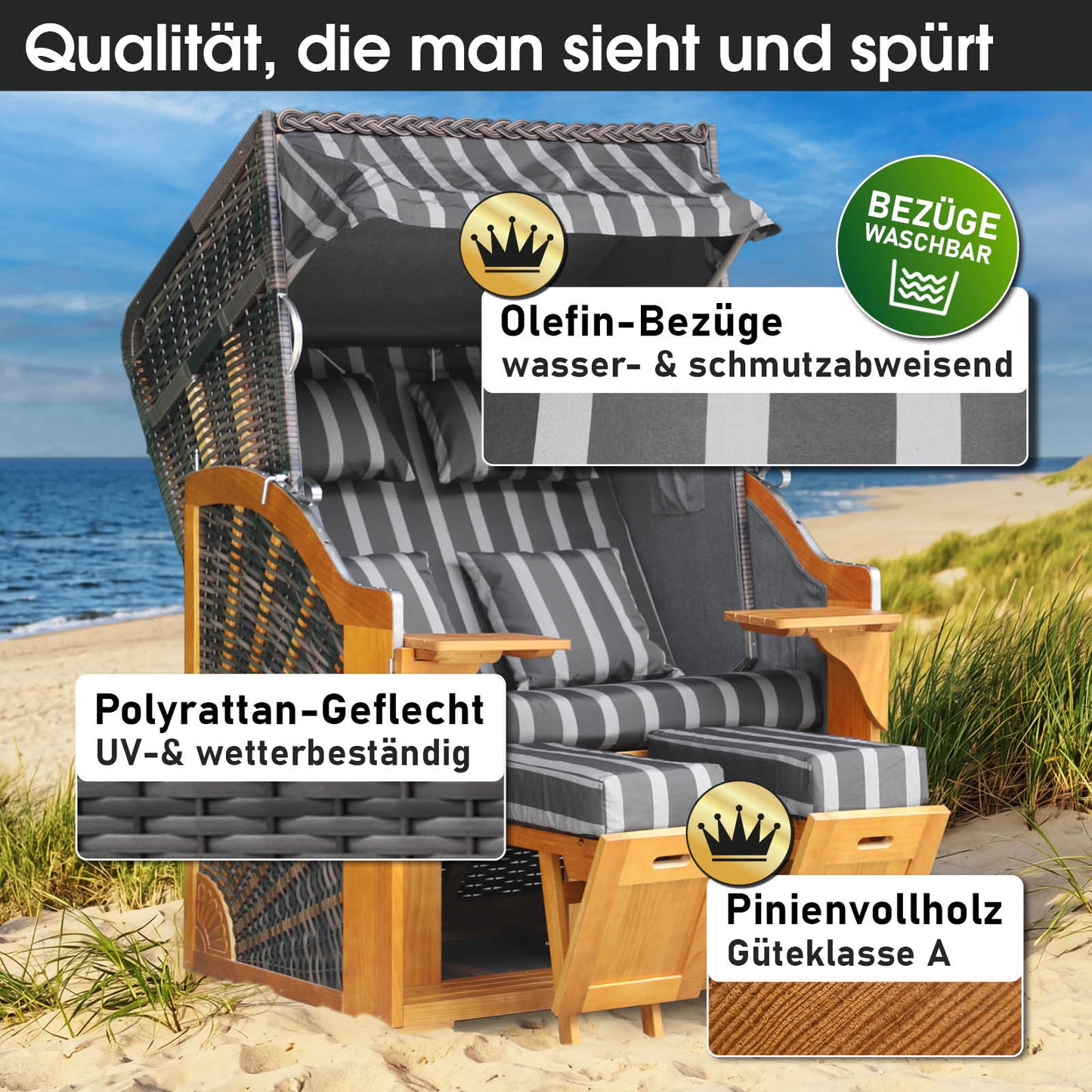Strandkorb BORNHOLM Premium grau / anthrazit gestreift
