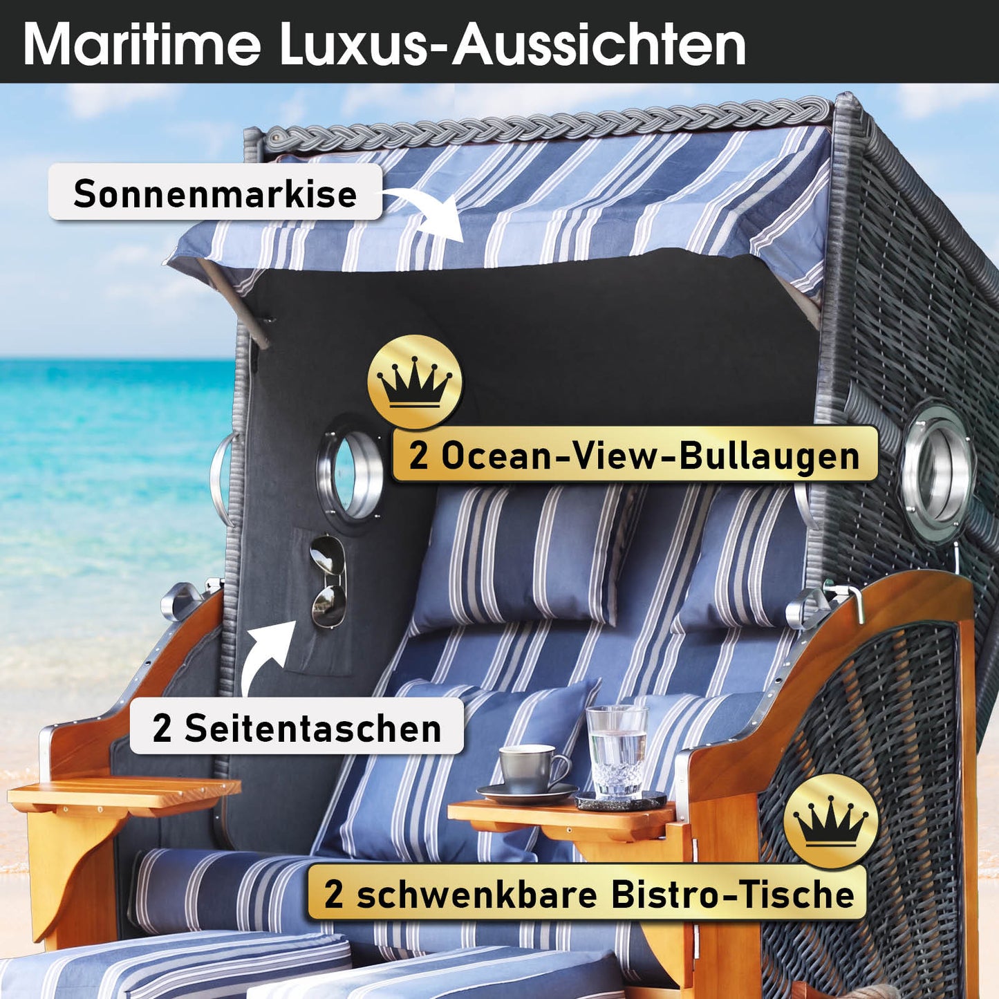 Strandkorb OCEAN VIEW Prestige grau / blau / beige gestreift
