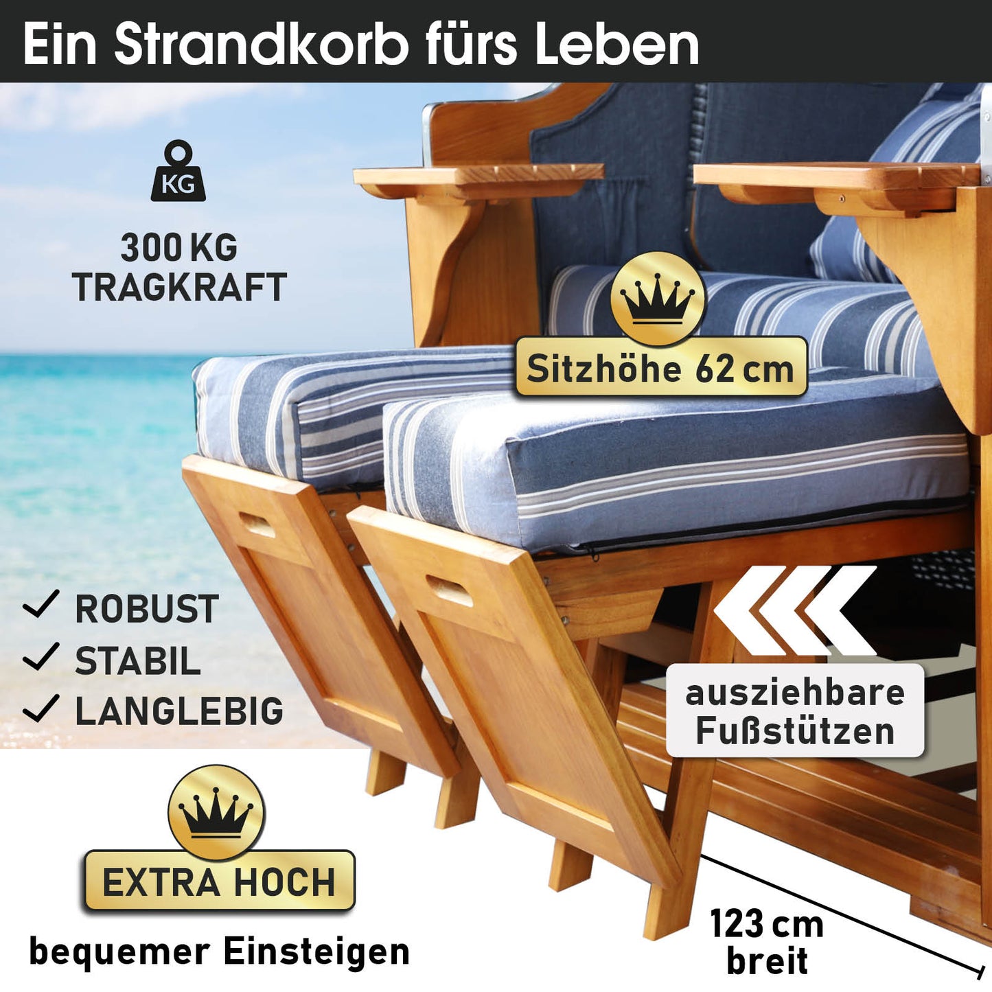 Strandkorb OCEAN VIEW Prestige grau / blau / beige gestreift