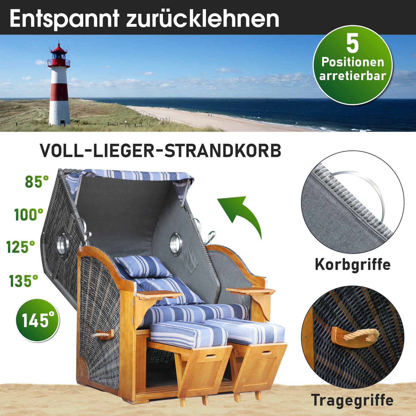 Strandkorb OCEAN VIEW Prestige grau / blau / beige gestreift