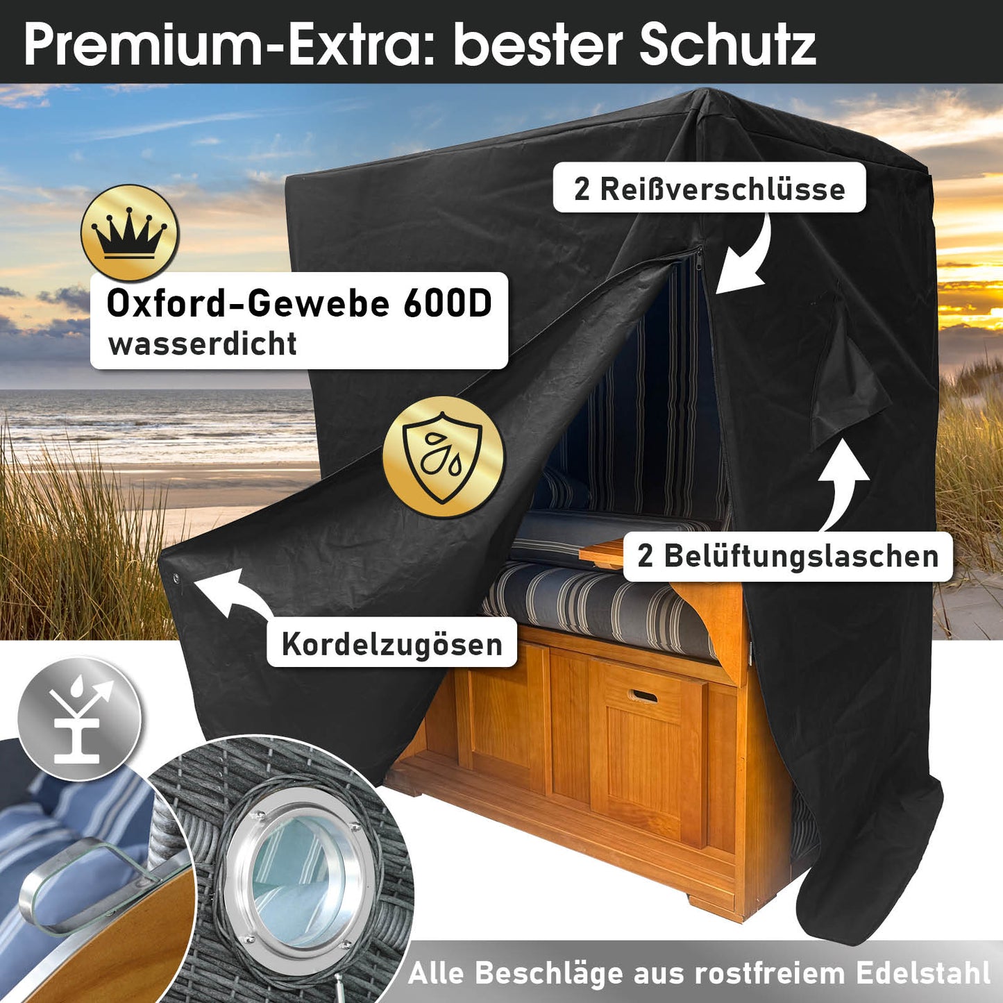 Strandkorb OCEAN VIEW Prestige grau / blau / beige gestreift