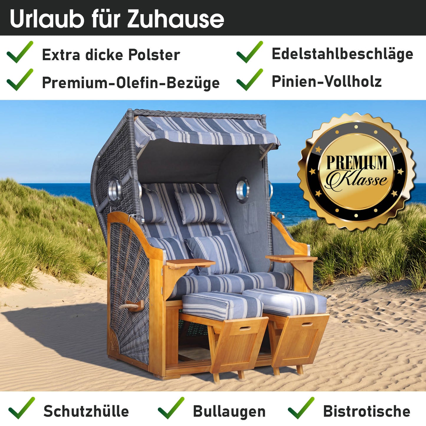 Strandkorb OCEAN VIEW Prestige grau / blau / beige gestreift