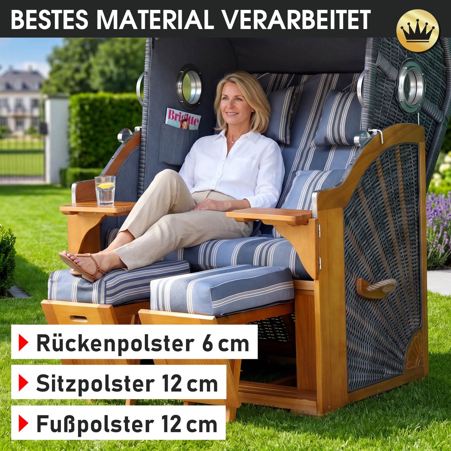 Strandkorb OCEAN VIEW Prestige grau / blau / beige gestreift