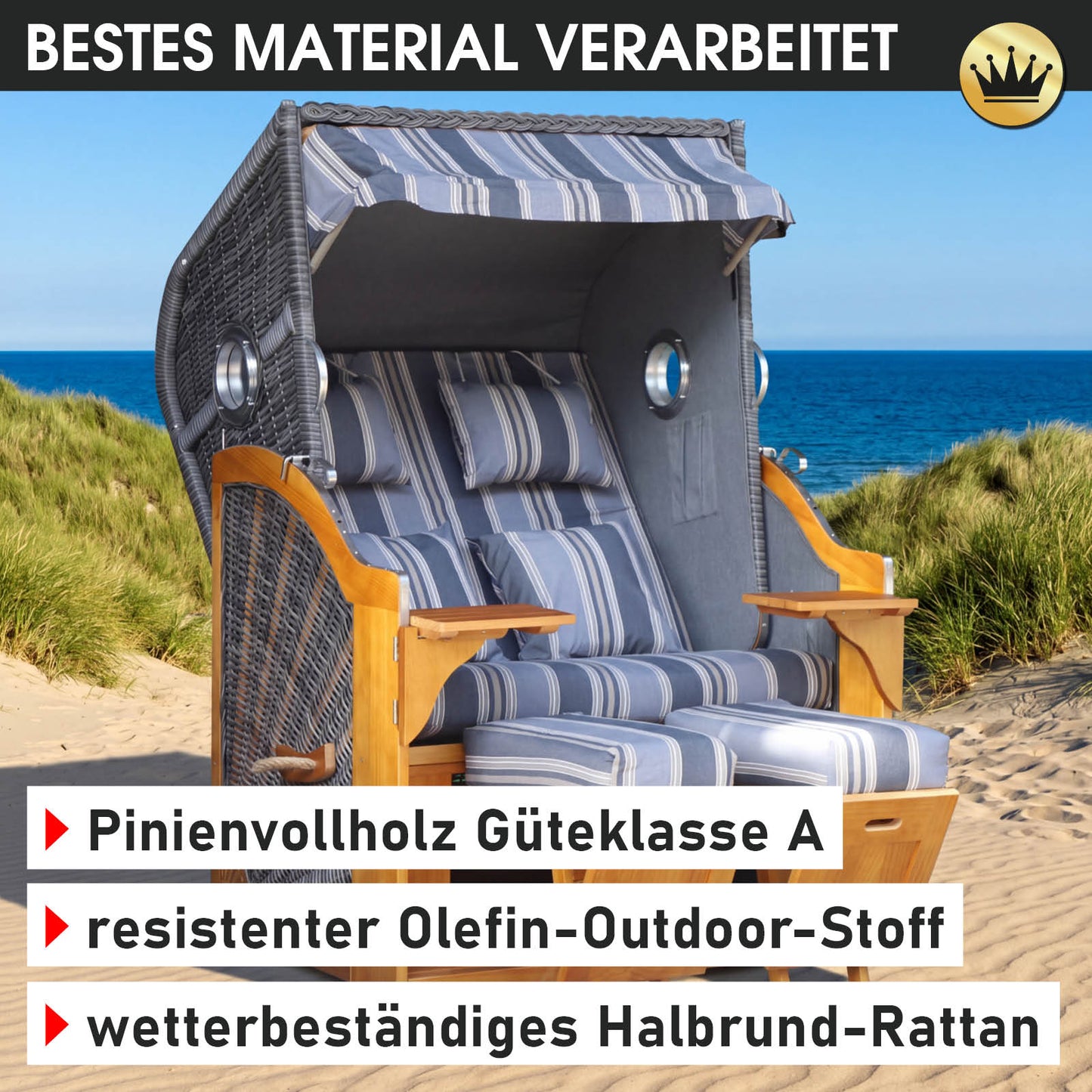 Strandkorb OCEAN VIEW Prestige grau / blau / beige gestreift