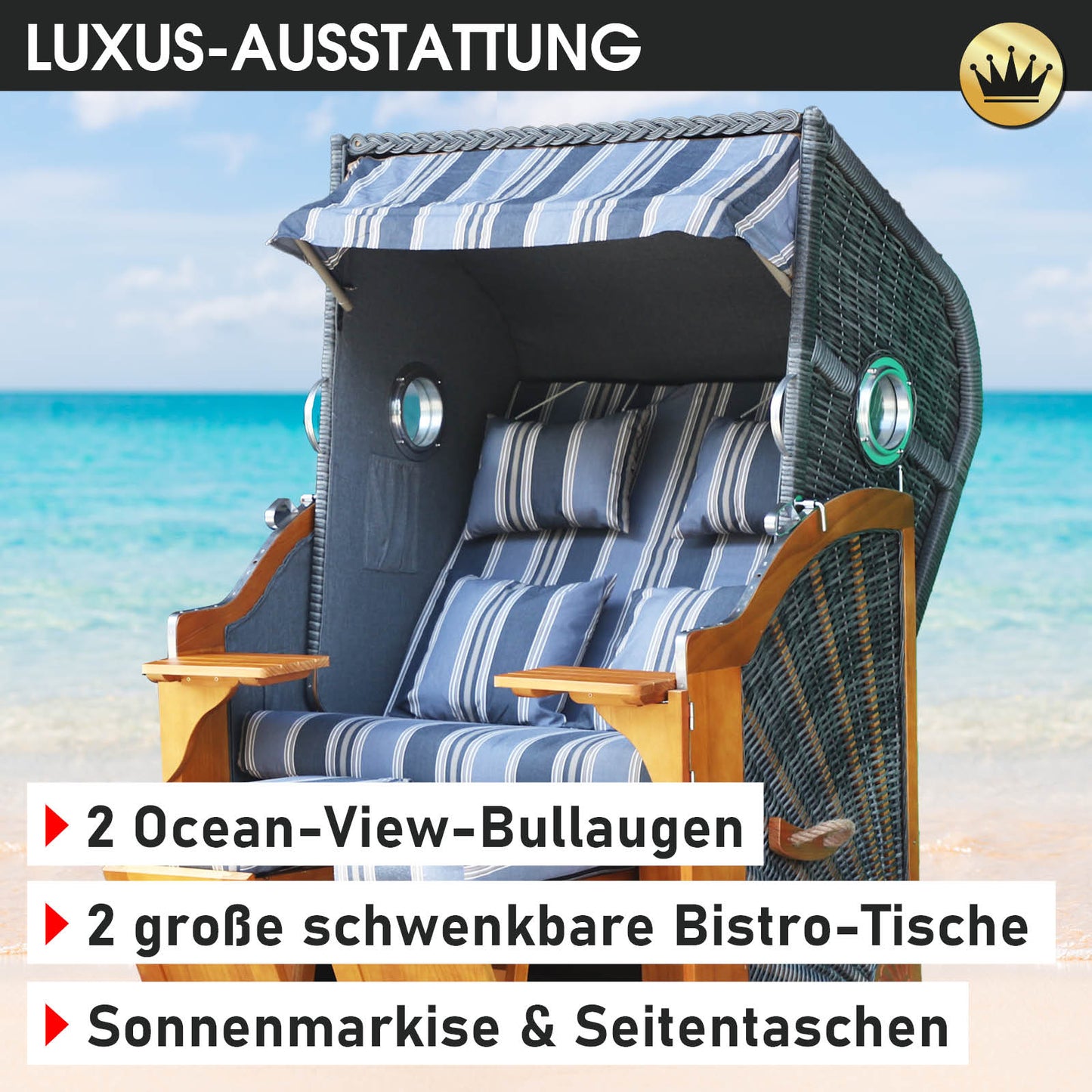 Strandkorb OCEAN VIEW Prestige grau / blau / beige gestreift