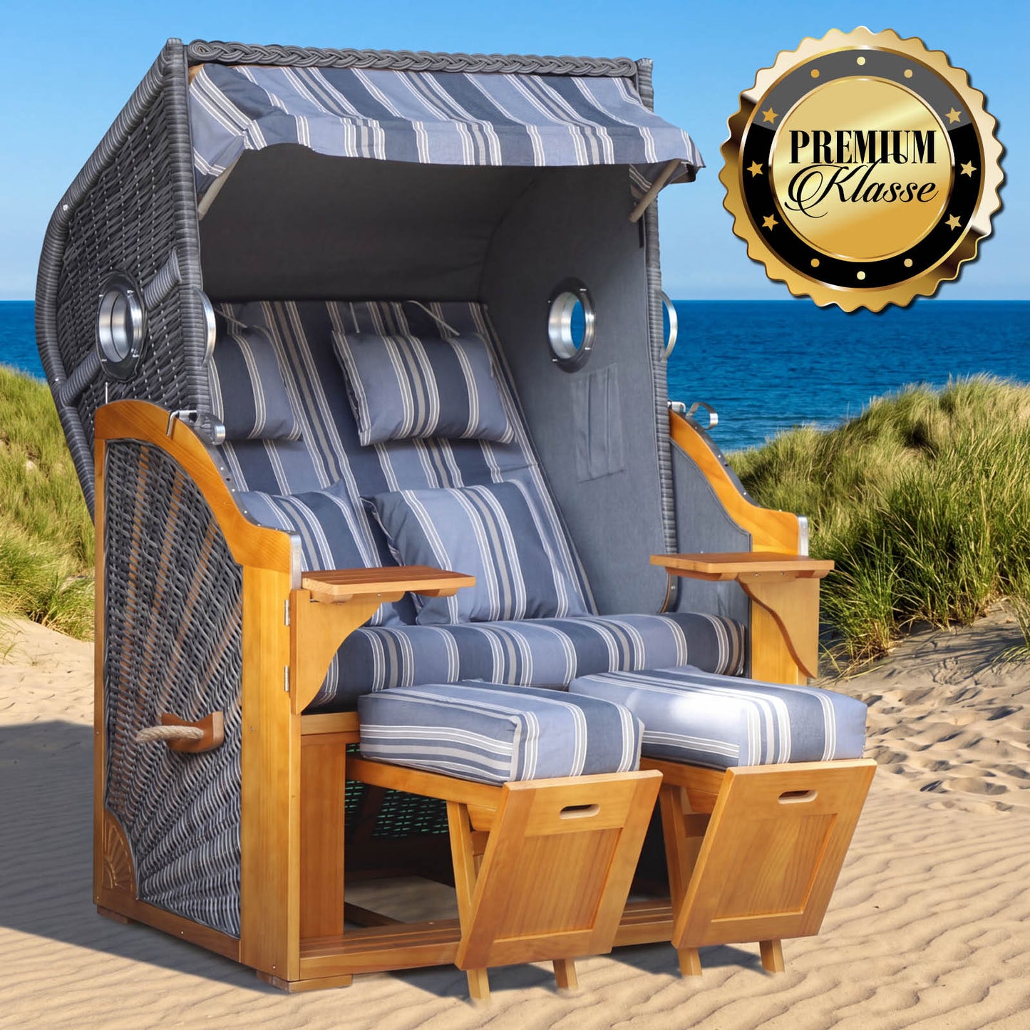 Strandkorb OCEAN VIEW Prestige grau / blau / beige gestreift